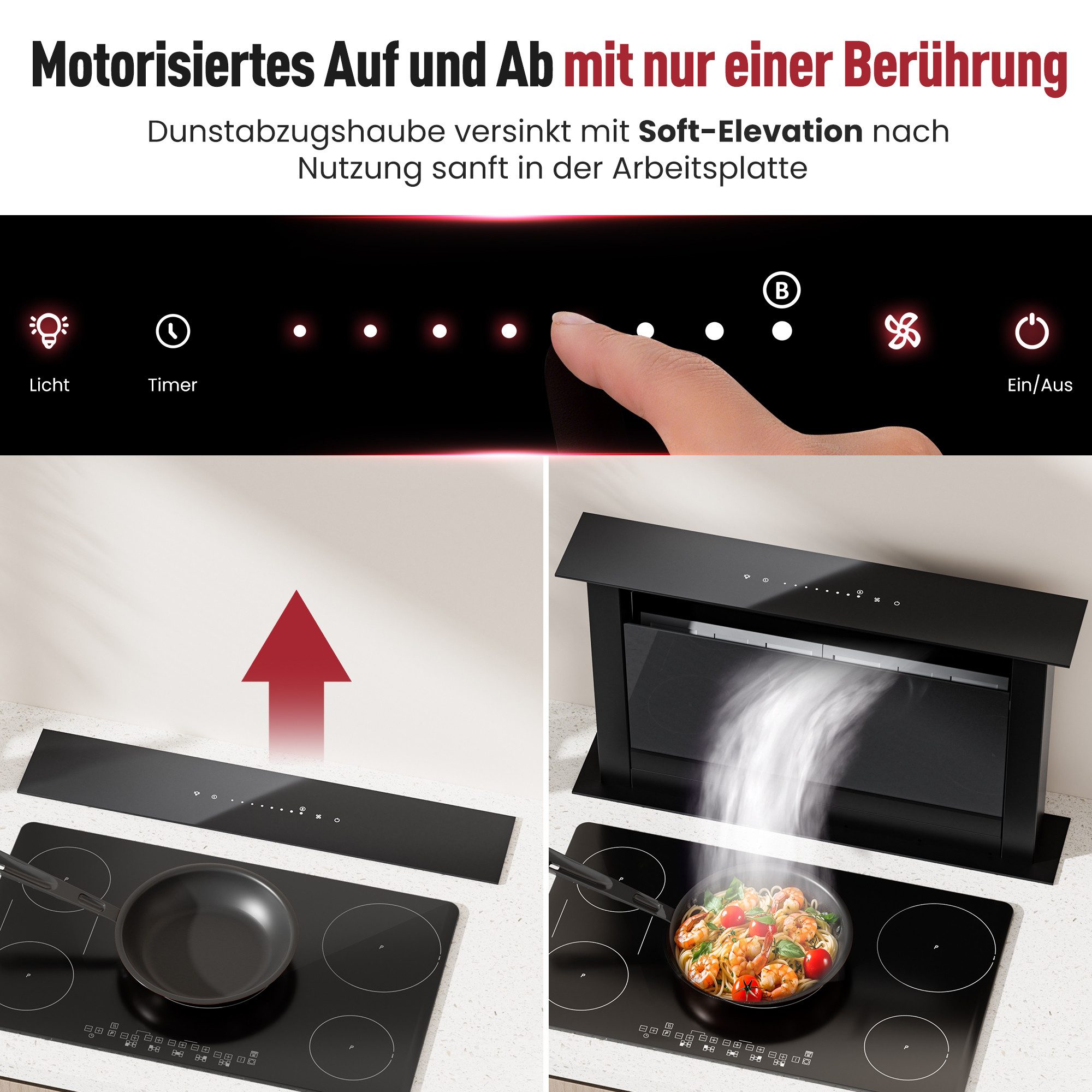 Levivo Deckenhaube A++ 600 m³/h Dunstabzugshaube Downdraft 60cm und 90cm Umluft & Abluft A++ 600 m³/h Dunstabzugshaube Downdraft 60cm und 90cm Umluft & Abluft, Aktivkohlefiltern, Fettfiltern, LED-Beleuchtung