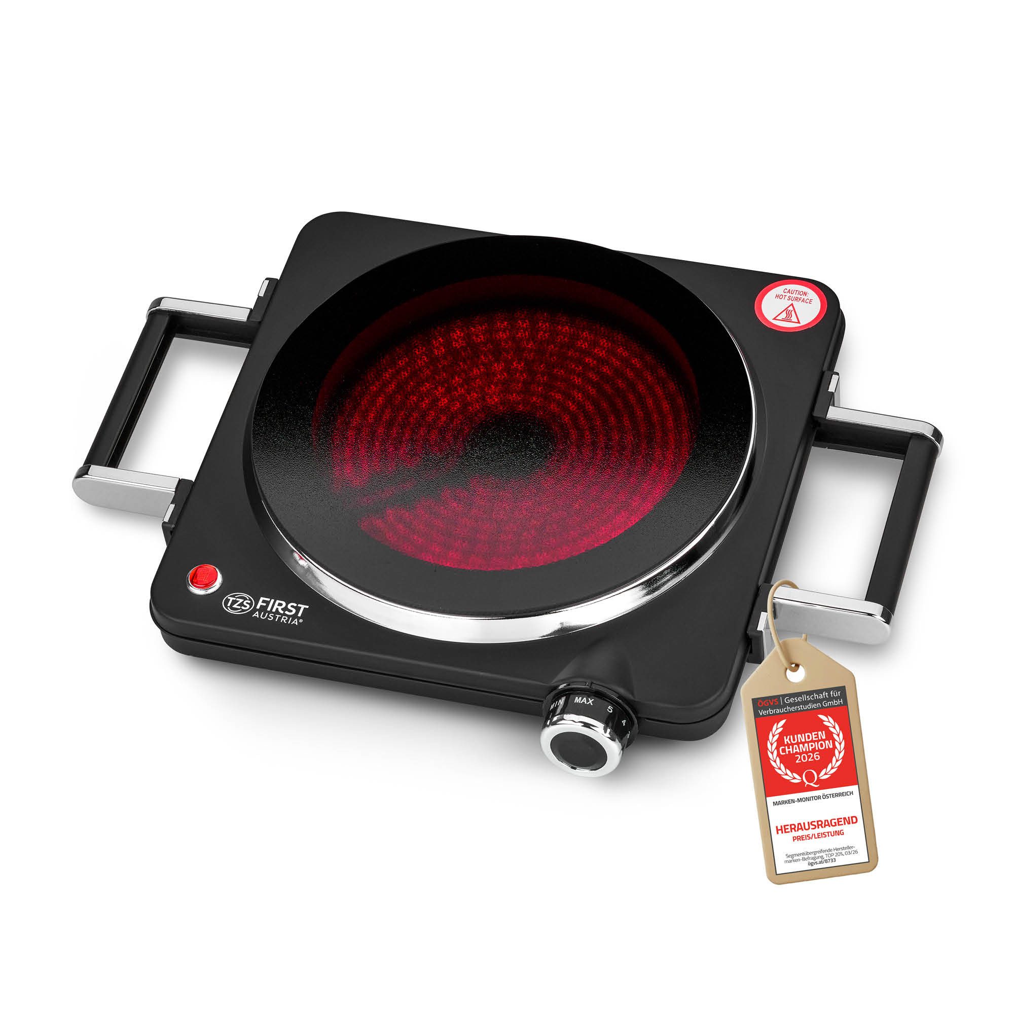 TZS FIRST AUSTRIA Einzelkochplatte Infrarot, mit Griffen, 1500W, Keramik, Temperaturregelung, Kochfeld Schwarz, Herdplatte für Camping