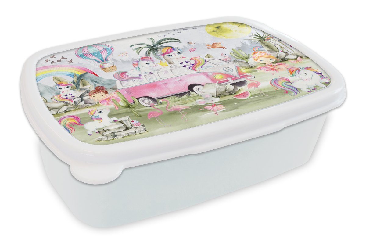 MuchoWow Lunchbox Einhorn - Regenbogen - Kinder - Mädchen - Auto, Kunststoff, (2-tlg), Brotbox für Kinder und Erwachsene, Brotdose, für Jungs und Mädchen weiß