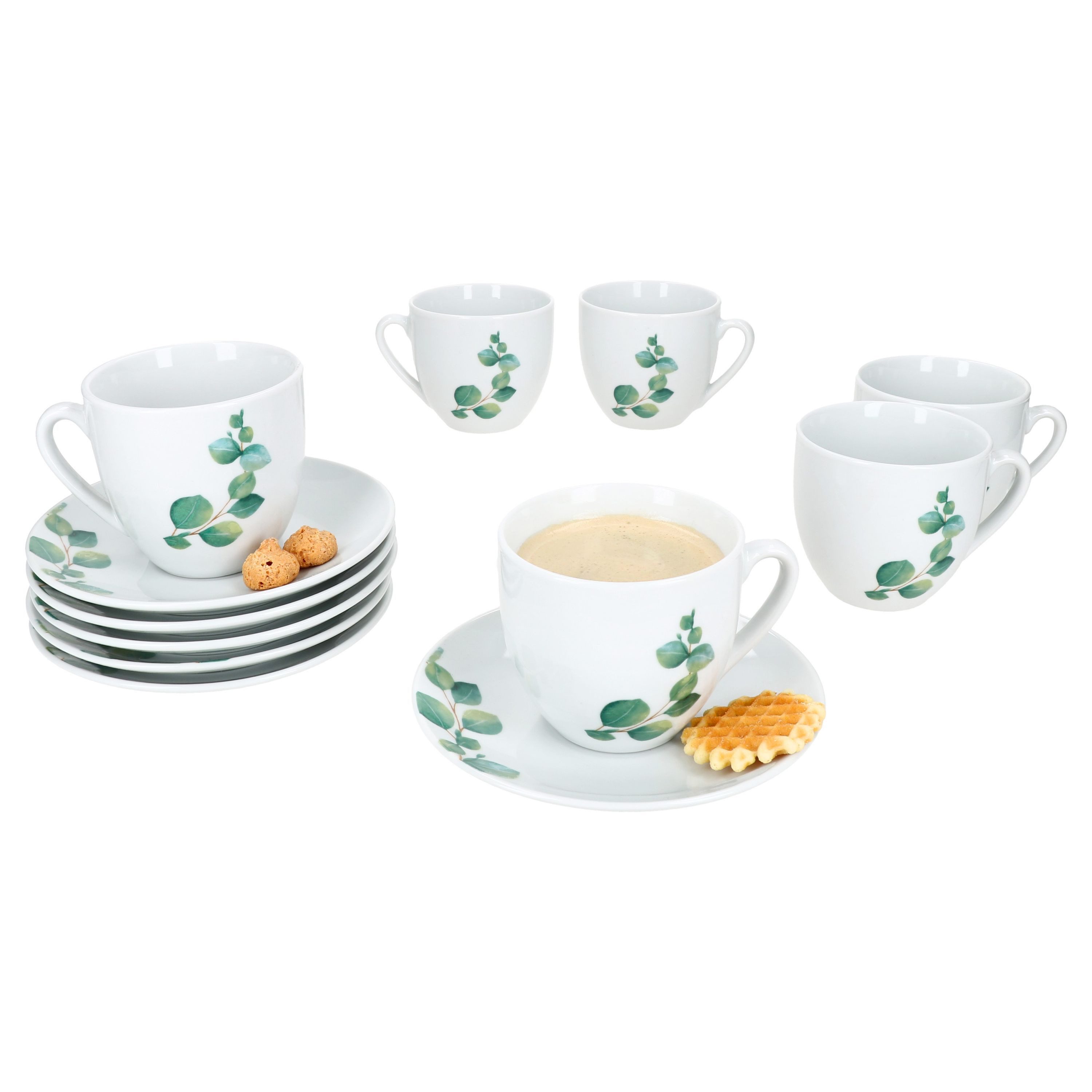 MamboCat Tasse 6er Set Eukalyptus Kaffeetassen mit Untertassen 6 Personen Porzellan, Porzellan