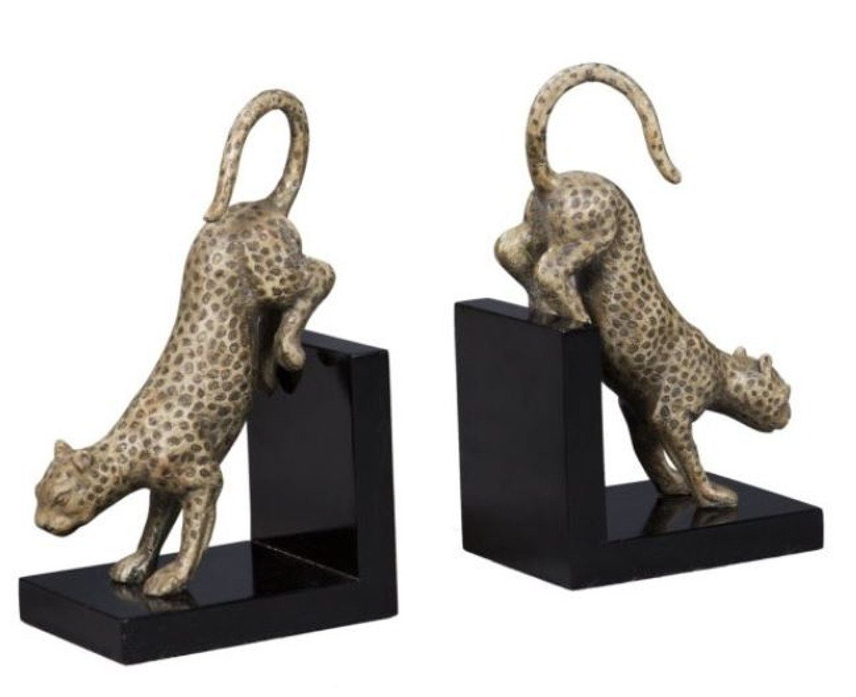 Casa Padrino Buchstütze Luxus Buchstützen Set Bronze Leoparden auf schwarzem Holzsockel - Deko Bronzefiguren auf Sockel