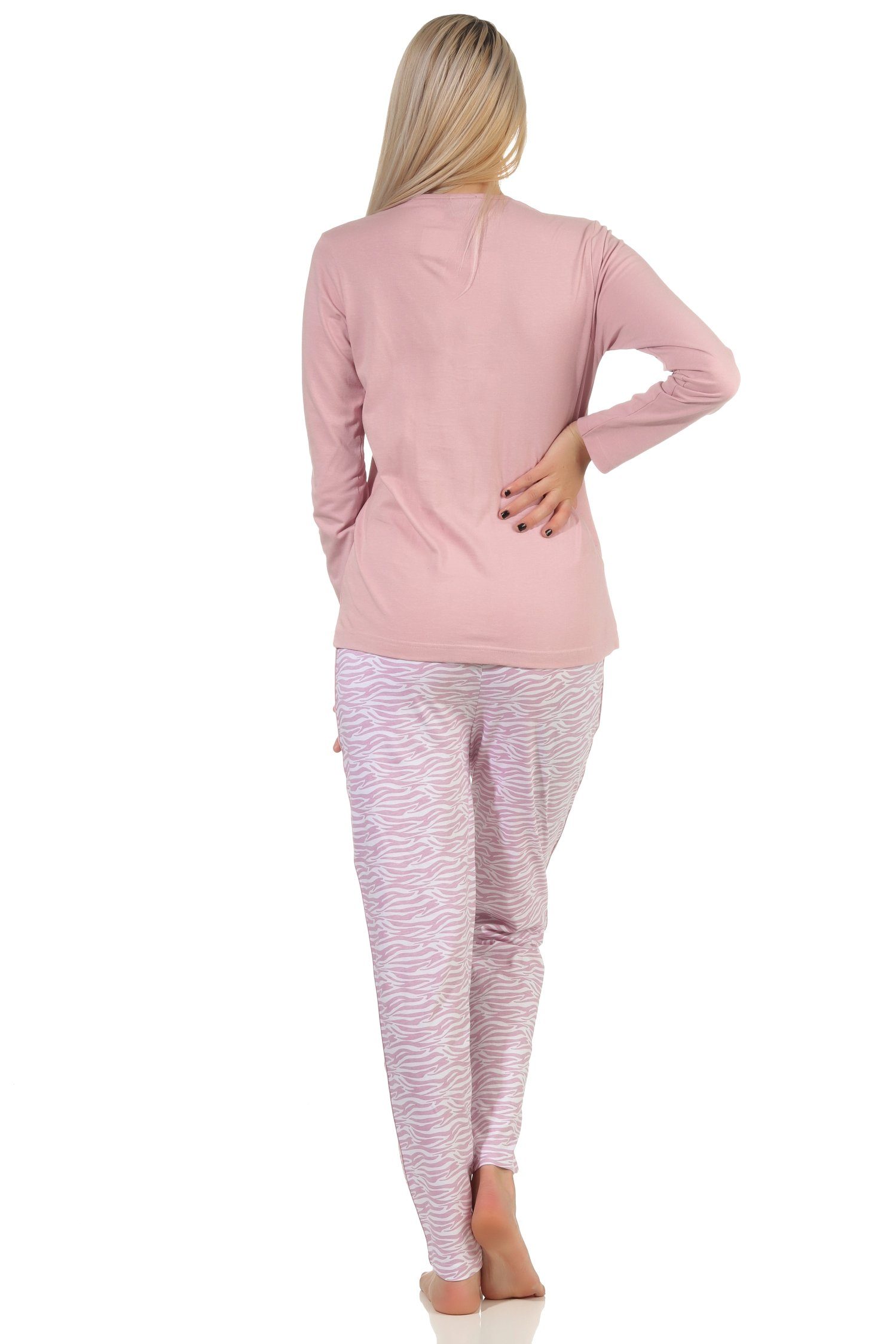 Normann + Pyjama Damen Animal-Muster langarm am altrose Pyjama Streifen mit Bein seitlichen