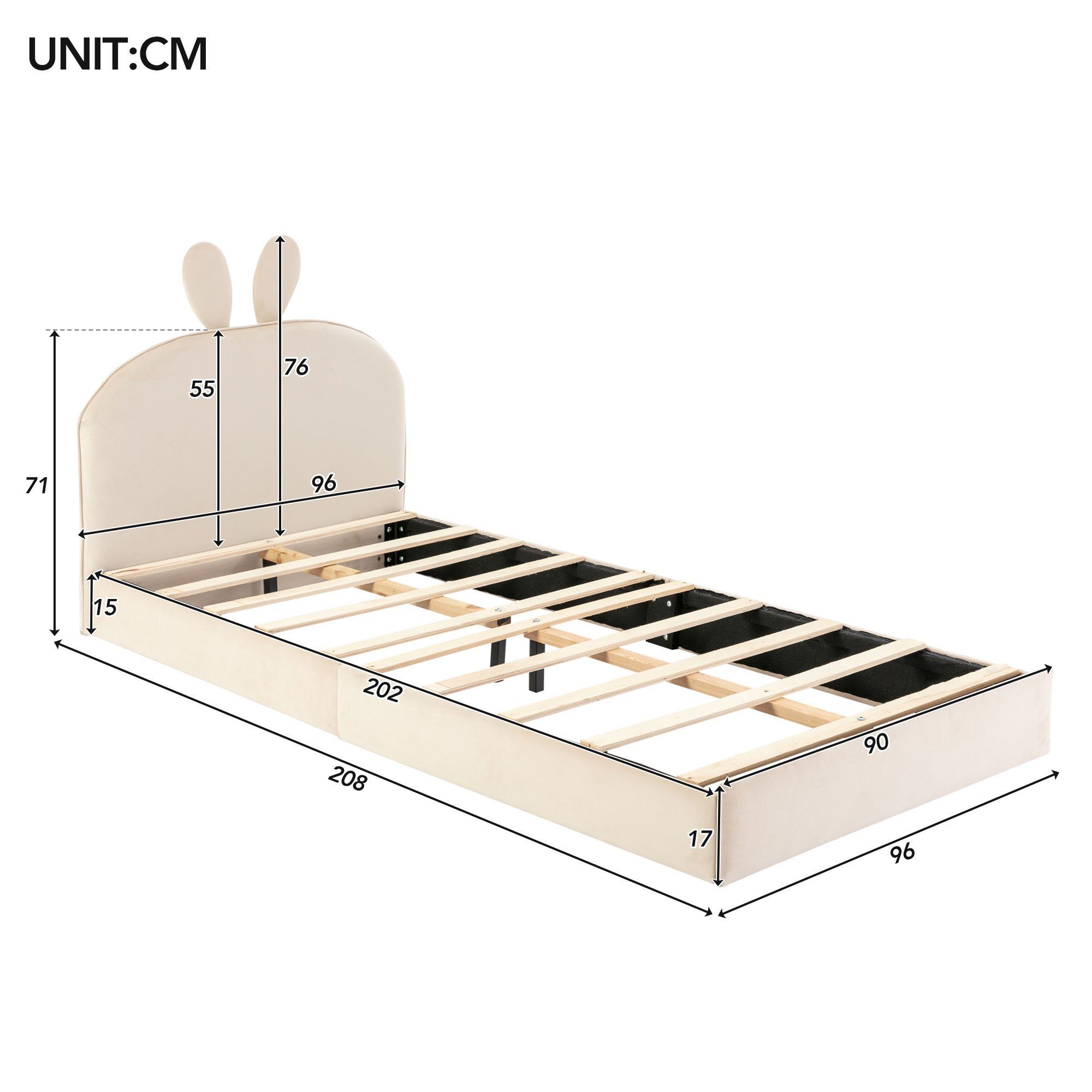 Samt mit Einzelbett Kinderbett Flieks Kopfteil 90x200cm Kaninchen Polsterbett,