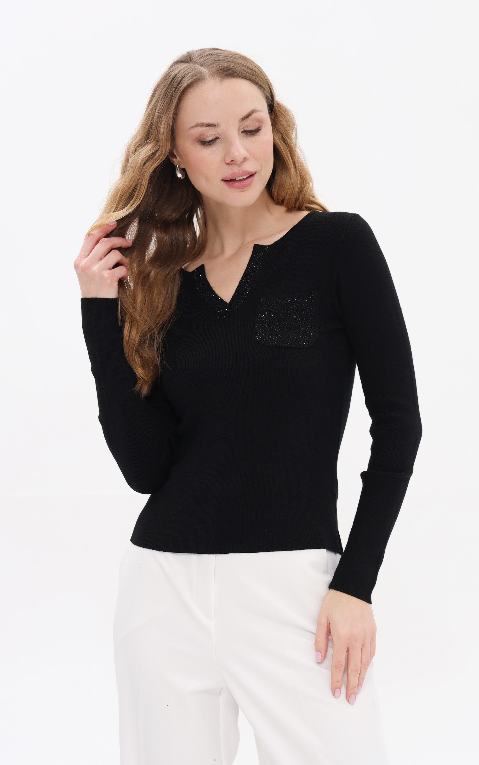 Passioni Strickpullover mit V-Ausschnitt und Strasssteinen günstig online kaufen