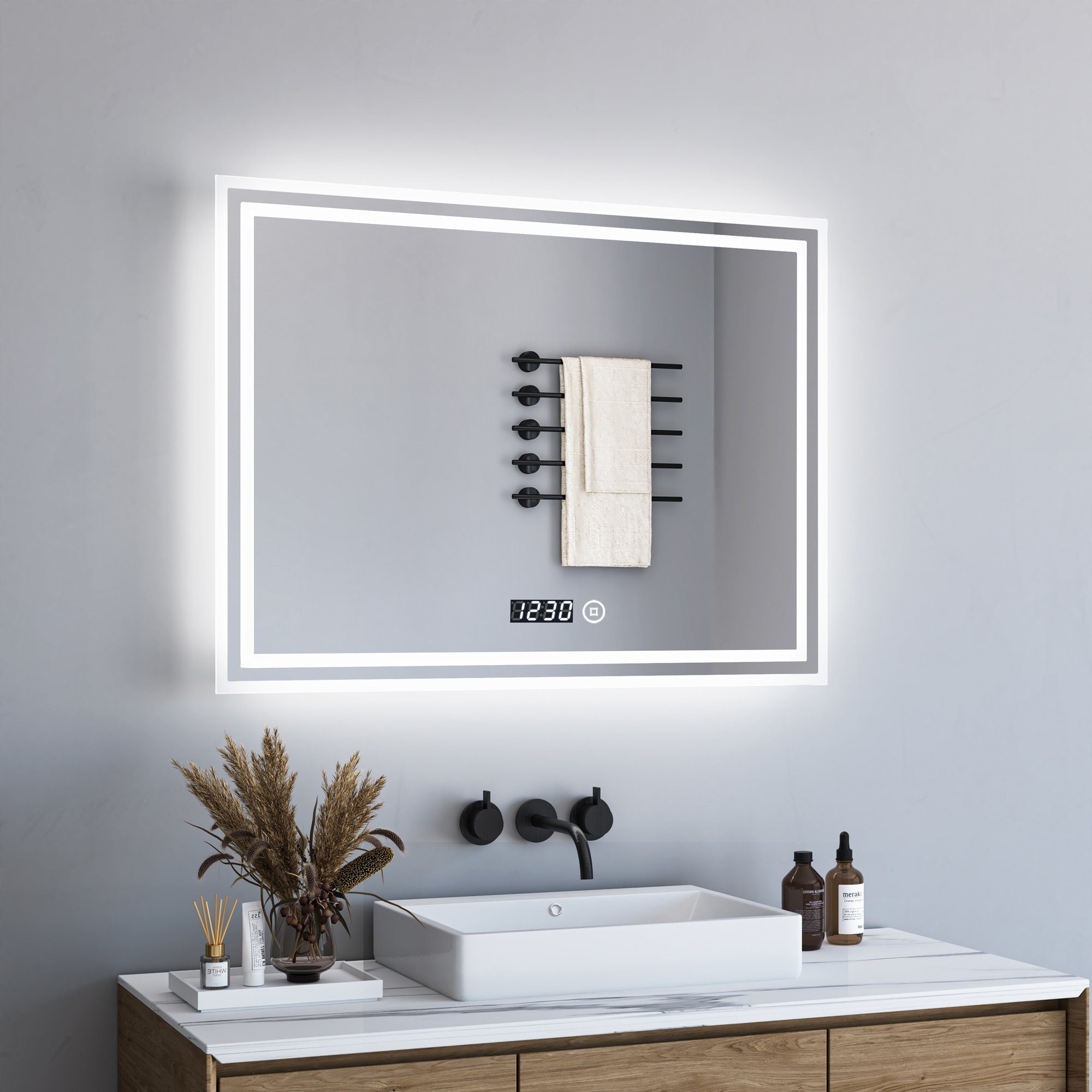 Spiegel Bad mit uhr Touch Badspiegel mit beleuchtung 80x60