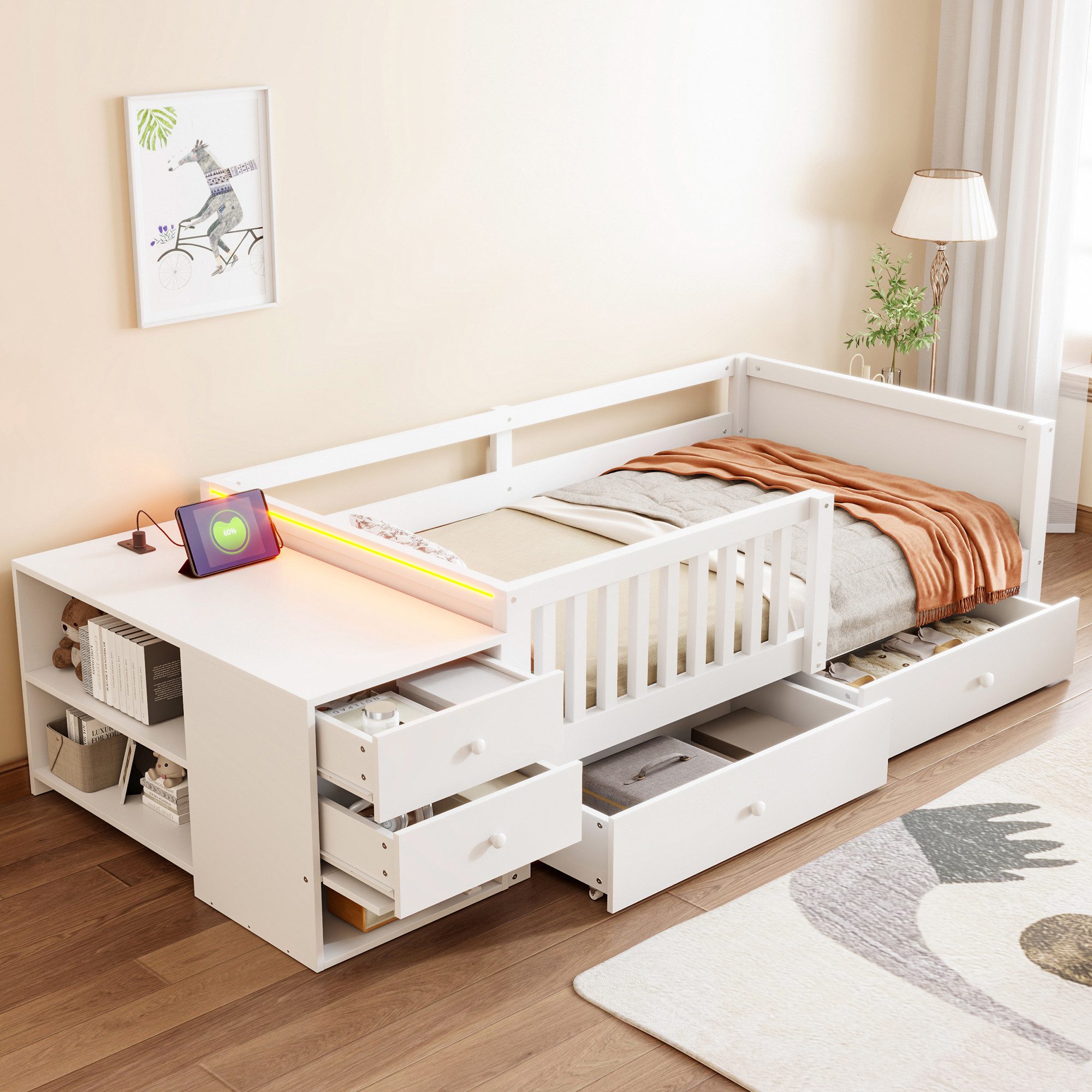 STILVORA Kinderbett 90×200 mit Stauraum Jugendbett Einzelbett, ohne Matratze (2 Schubladen, Regale, Klapptür, Steckdose), für Schlafzimmer, Gästezimmer und moderne Wohnungen