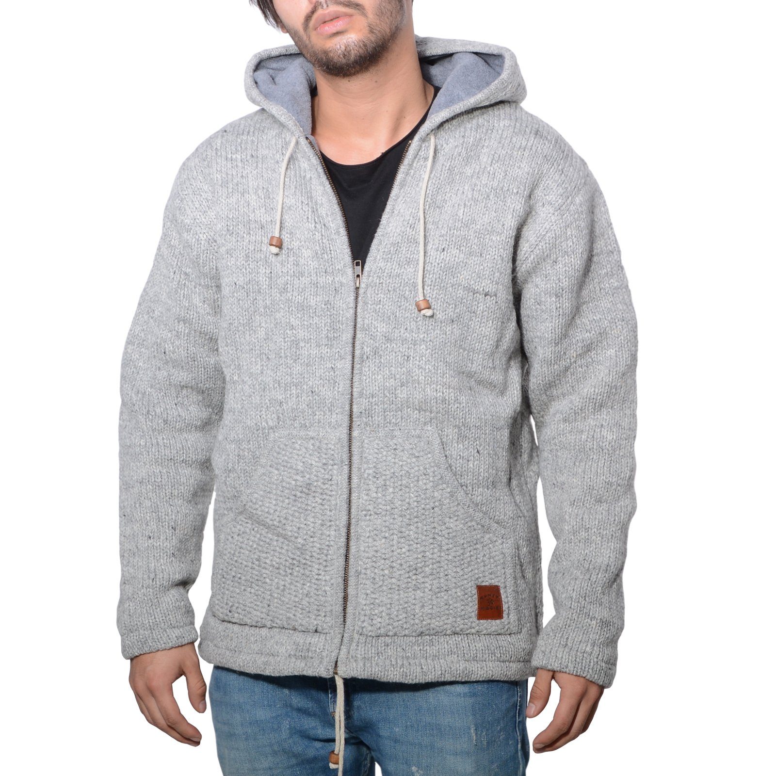 KUNST UND MAGIE Kapuzenstrickjacke Herren Strickjacke Wolle +warmen Fleecefutter Kapuze Schafschurwolle