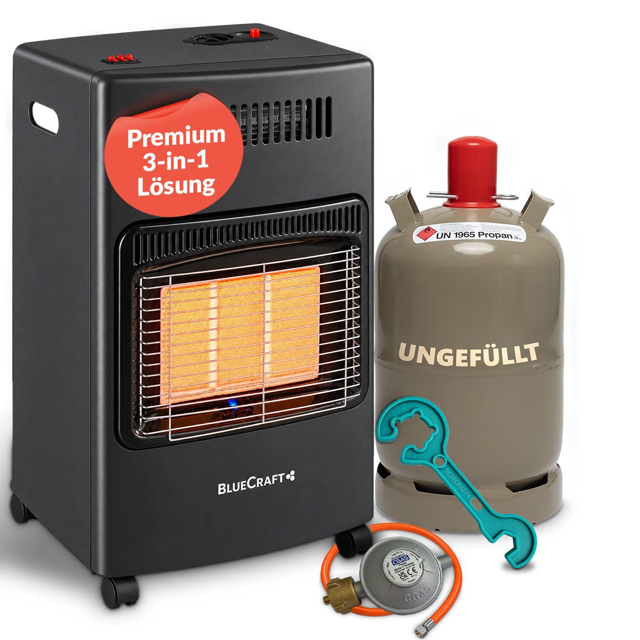 BlueCraft Heizstrahler Gasheizer Infrarot Gasofen Campingheizung Keramik, 4200 W, Druckminderer Gasregler Gas-Heizung für Gasflasche Elektroheizung