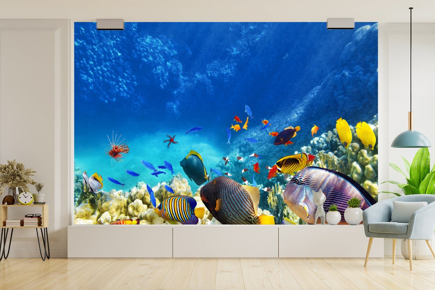 MuchoWow Fototapete Meer - bedruckt, Fische Korallen - Tapete Schlafzimmer, (6 Vinyl - Matt, Kinderzimmer, Wallpaper Unterwasserwelt, Wohnzimmer, für St)