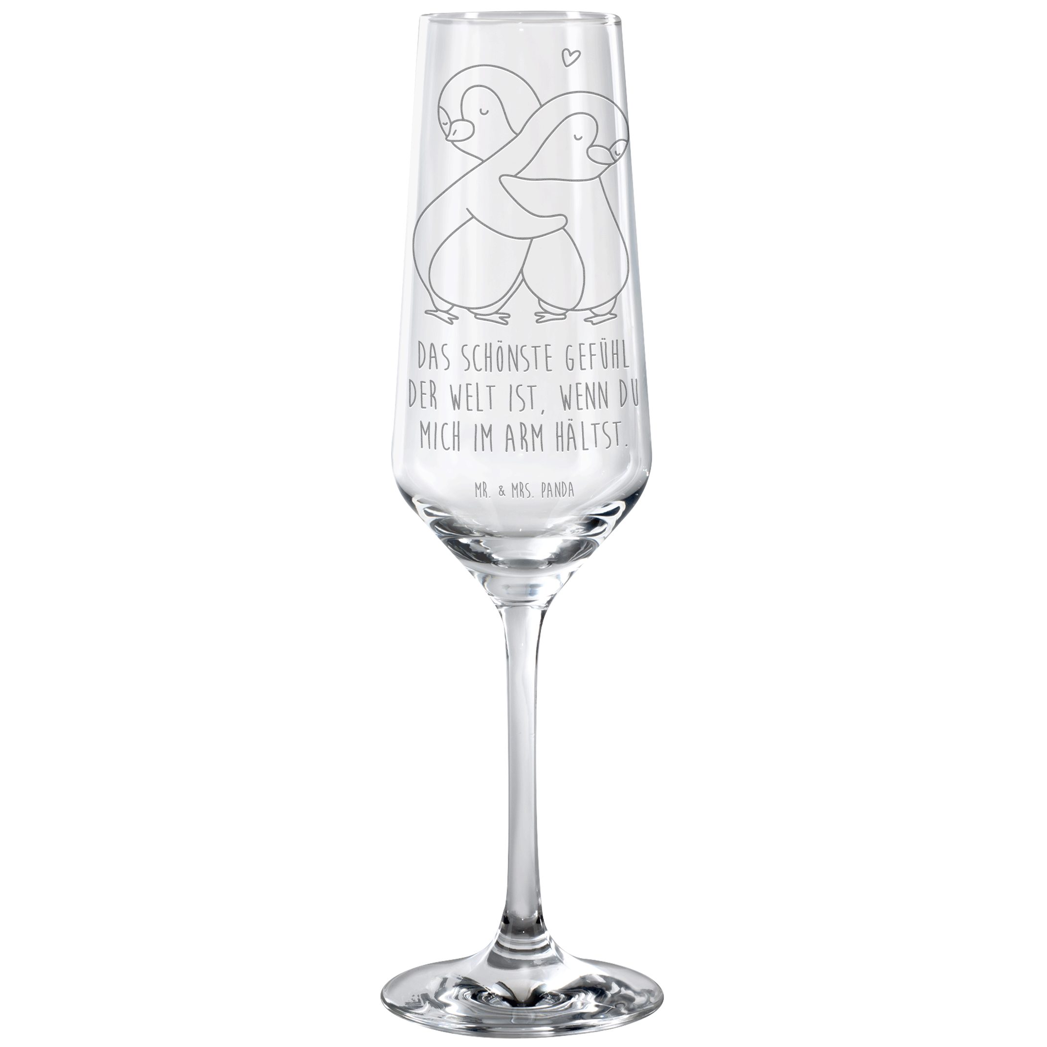 Mr. & Mrs. Panda Sektglas Pinguine Kuscheln, Glas, Transparent, Freund, Trinkglas, Sektglas gra, Premium Glas, für Männer Proseccoglas Geschenk für Partner