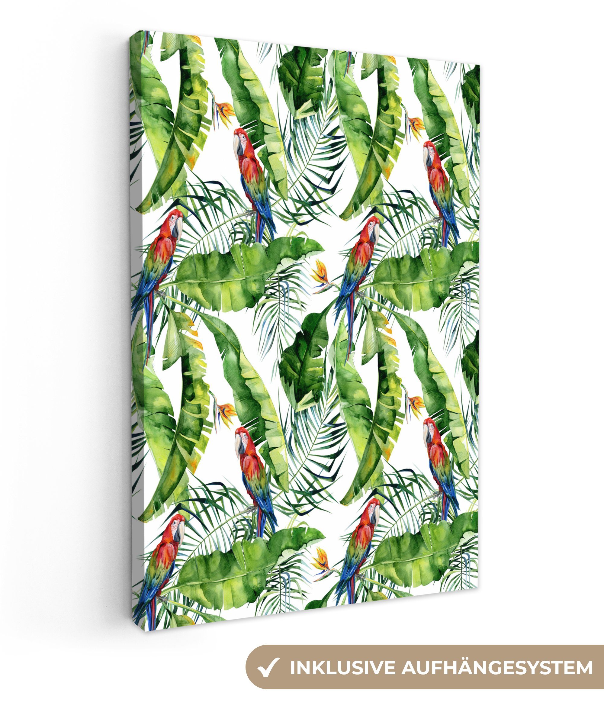 OneMillionCanvasses® Leinwandbild Blätter Blumen inkl. Leinwandbild bespannt cm 20x30 Papagei, - St), Zackenaufhänger, (1 Gemälde, - fertig