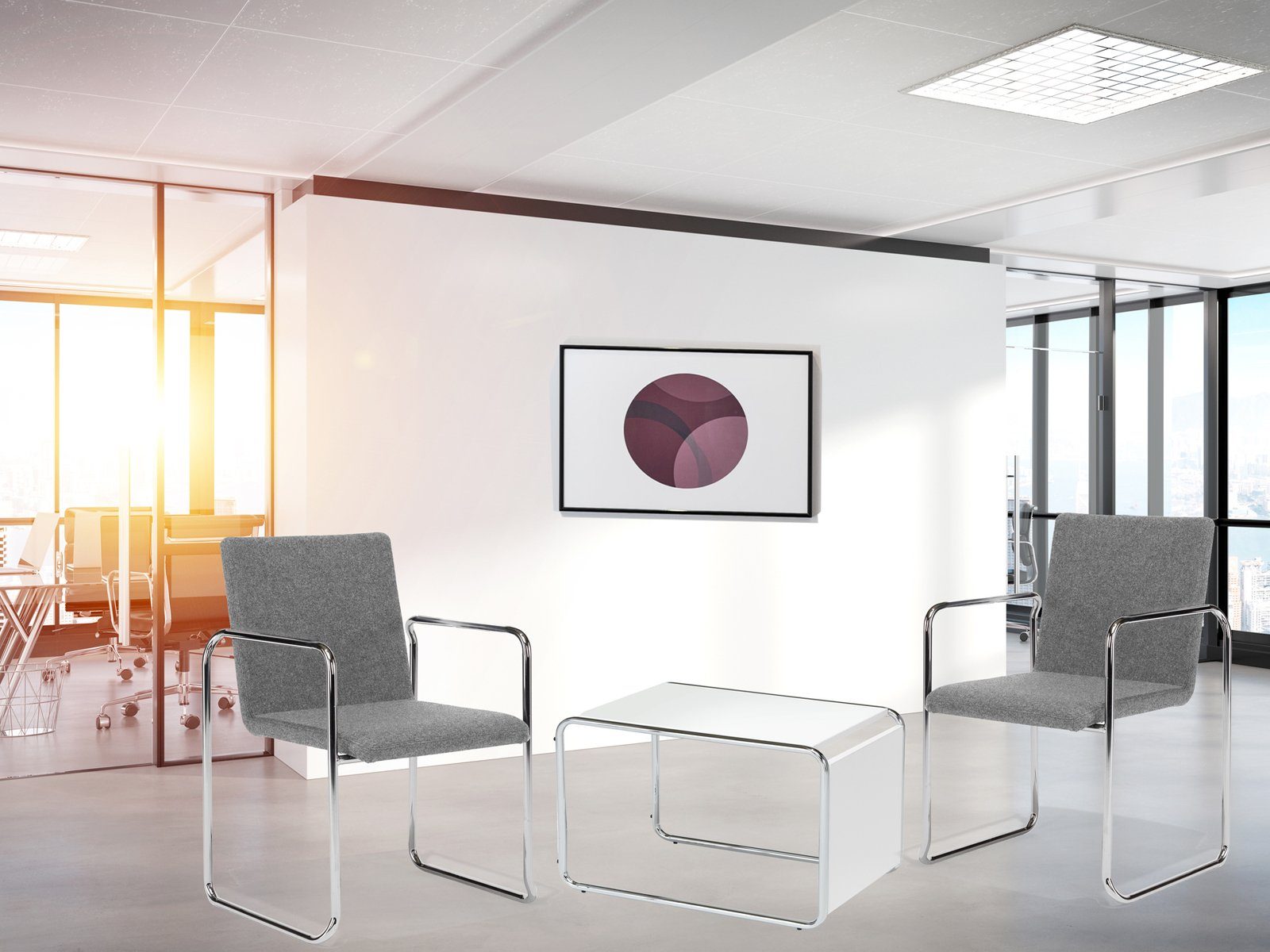 Mauser Sitzkultur Freischwinger, Büromöbel Set 2x Schwingstuhl Grau mit Beistelltisch weiß Bauhaus-stil