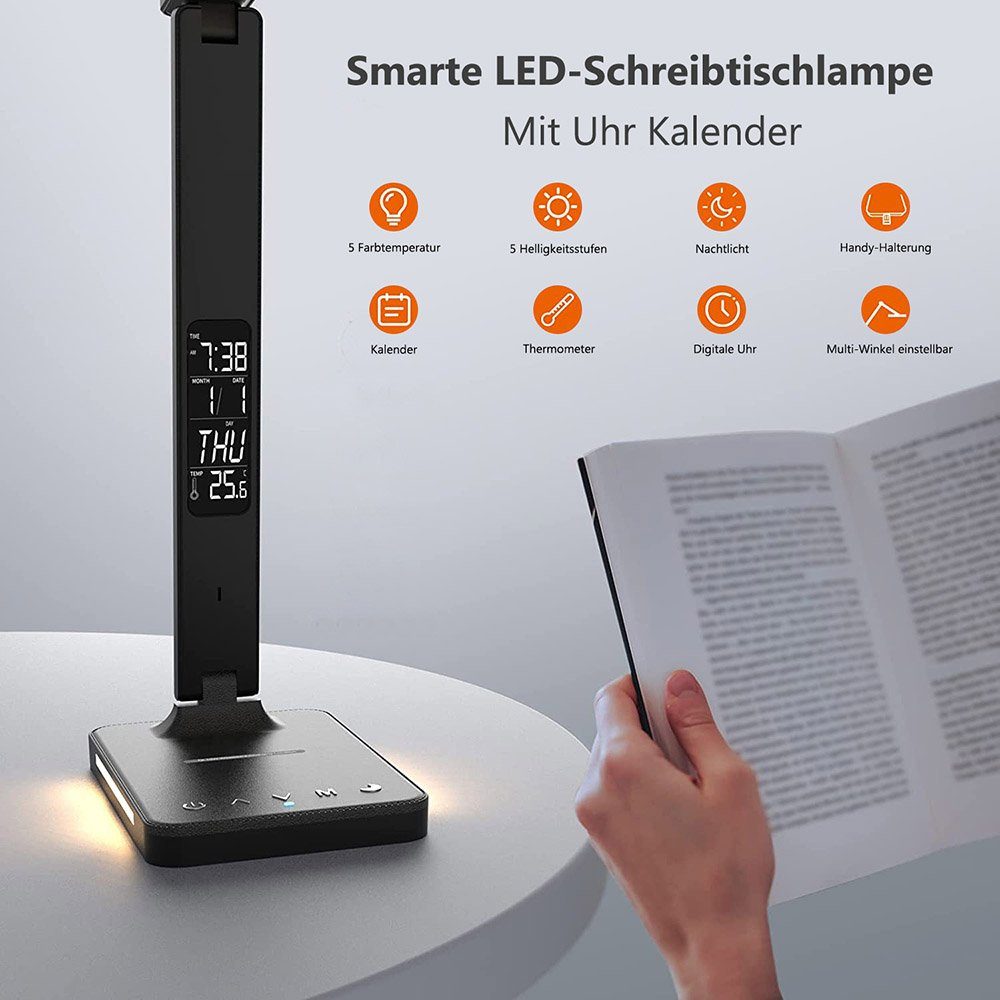 Sunicol LED Tischleuchte USB-Ladeanschluss, Digitalwecker, Uhr, 3000-6000K, Tageslichtweiß, kabellosem mit Ladegerät, mit Temperaturanzeige Augenschutz, faltbar