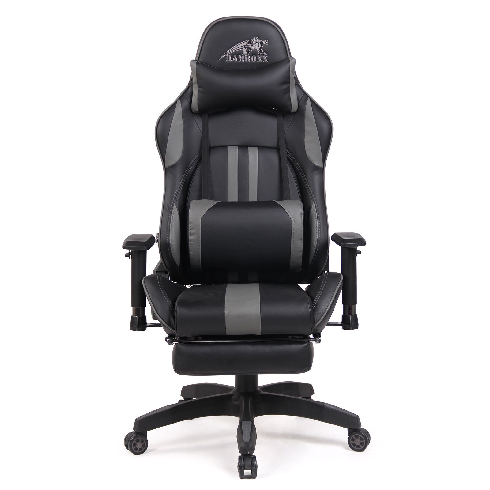 RAMROXX Gaming Chair RAMROXX Gamingstuhl eSport Sportsitz Bürostuhl Schwarz  Grau mit Fußstütze