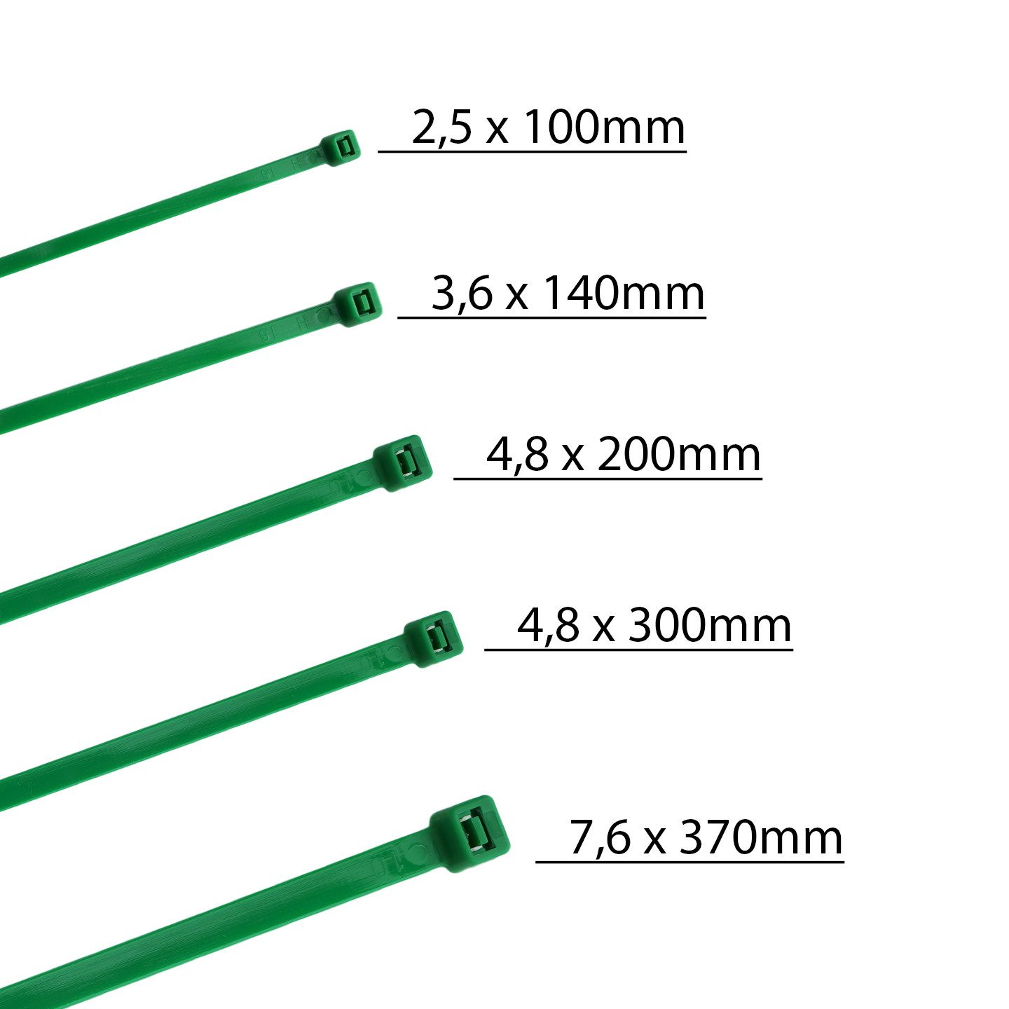 HORZEFIX Kabelbinder set grün lang uv beständig Universalbinder 2,5, 3,6, 4,8, 7,6 breit (Packung, 500-St., VPE= 5 x 100 Kabelbinder im Polybeutel) Temperaturbeständig/wetterfest