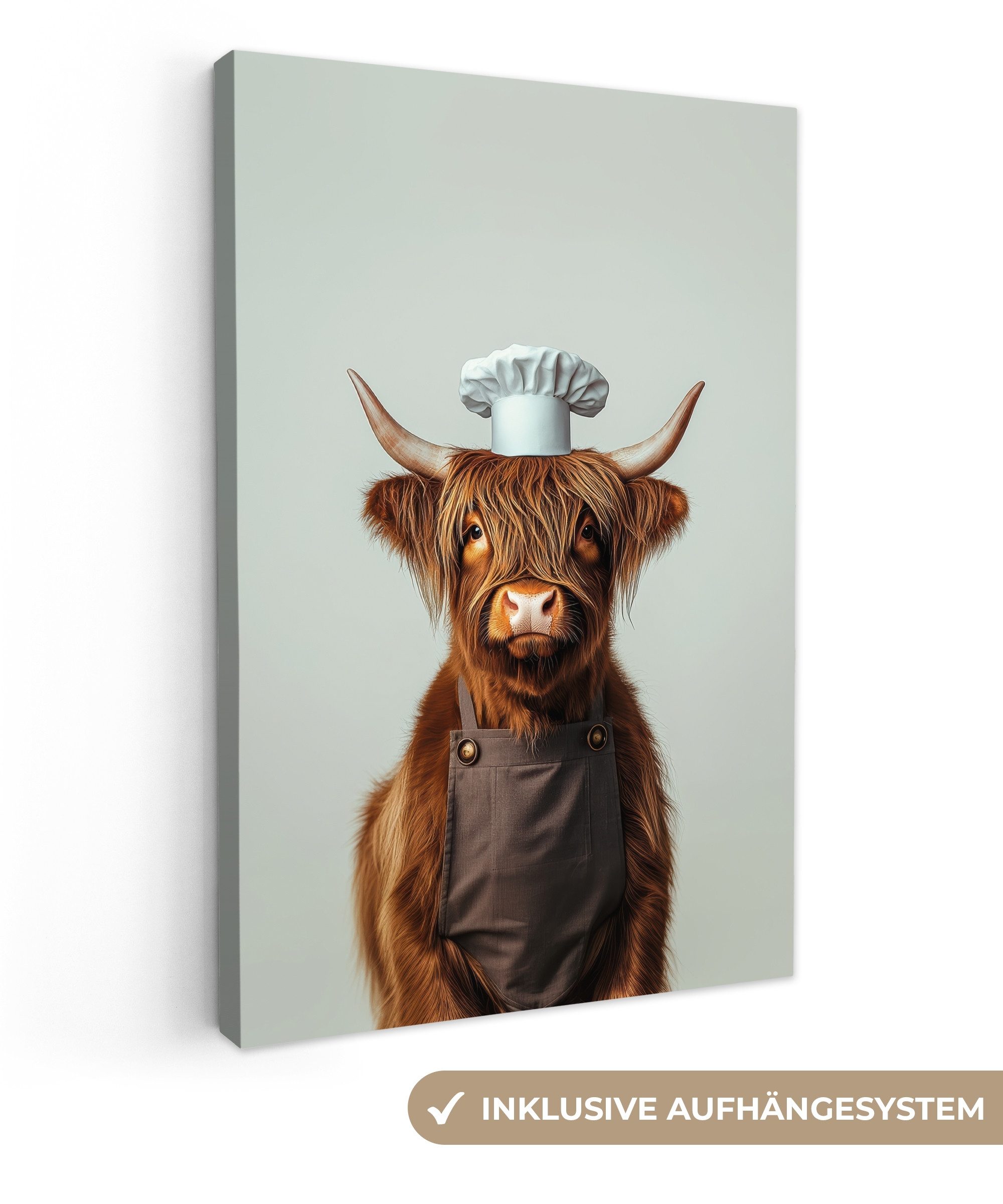 OneMillionCanvasses® Leinwandbild Schottischer Highlander - Braun - Hörner - Kochkleidung, Fotodruck (1 St), Leinwand Canvas Wandbild, Wanddekoration 20x30 cm