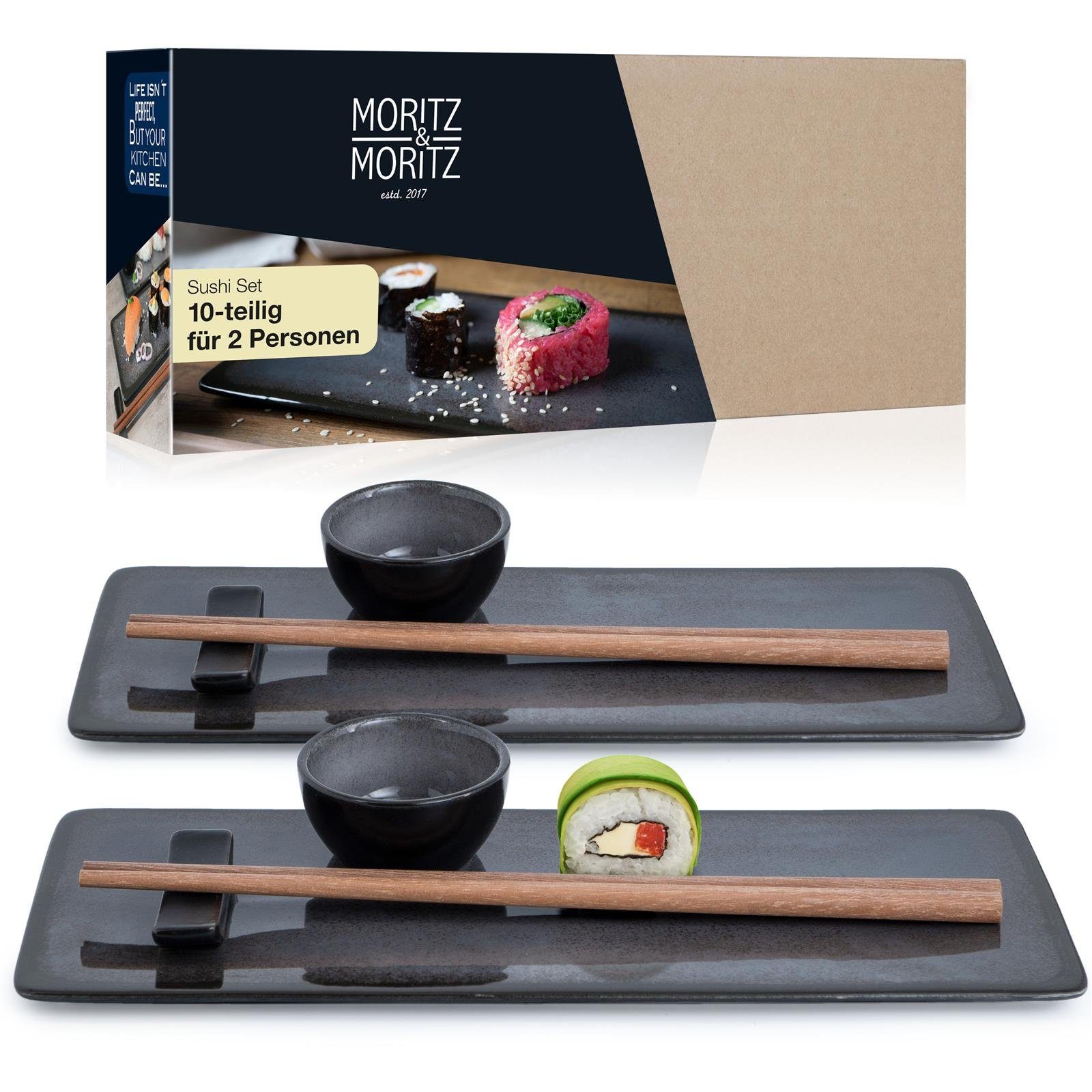 Moritz & Moritz Tafelservice Moritz & Moritz 10tlg Sushi Teller Anthrazit Asia Geschirr Set Digital (10-tlg), 2 Personen, für 2 Personen - 10 Teile