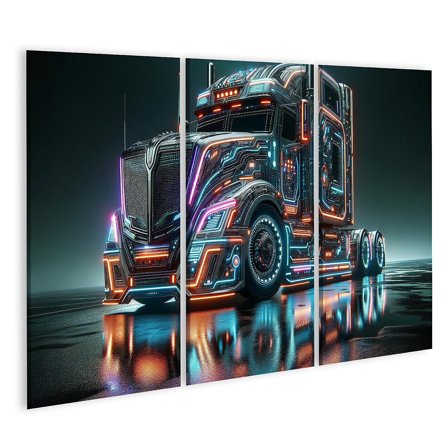 Leinwandbild Futuristischer Semi-Truck LKW mit Neonlichtern bei Nacht