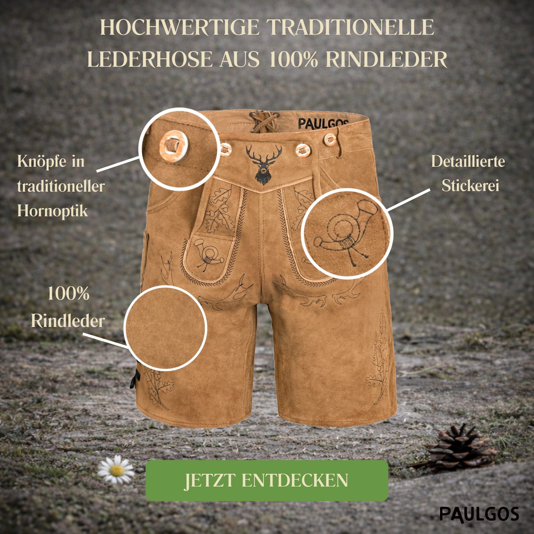 PAULGOS Trachtenhose Herren Lederhose Kurz mit Trägern 100% Echtleder - HK5 – Bild 3 von 5