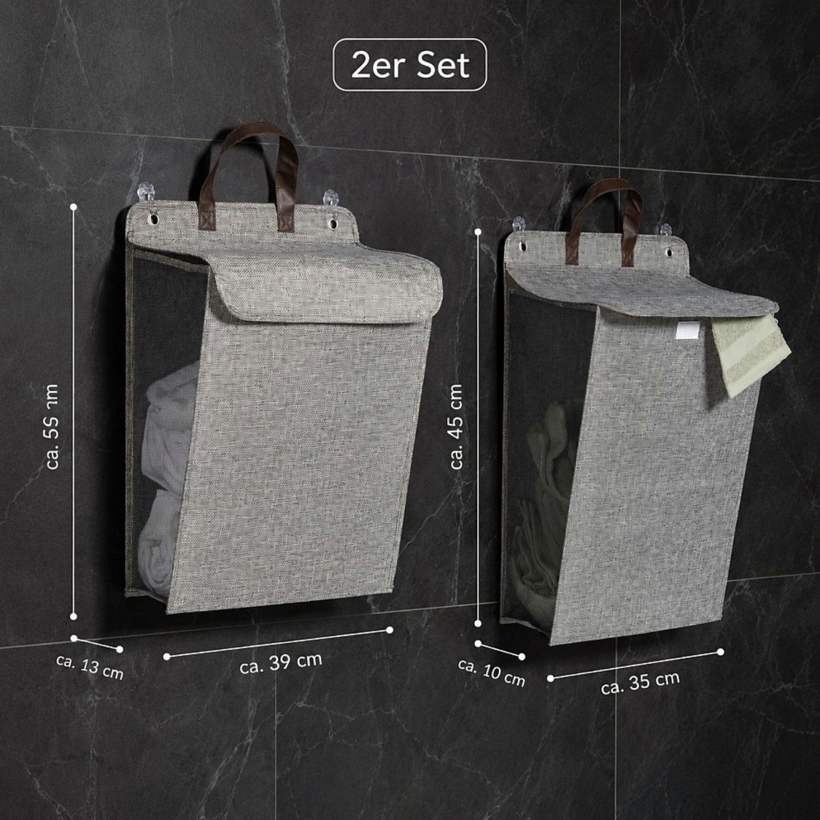 Haushalt International Im- und Export GmbH Wäschekorb Wäschebehälter Wäschesammler Wand 2 Größen 2er Set (Set, 2 St., Packung), 56x39x13cm - 30L, Trageschlaufen – Bild 2 von 5