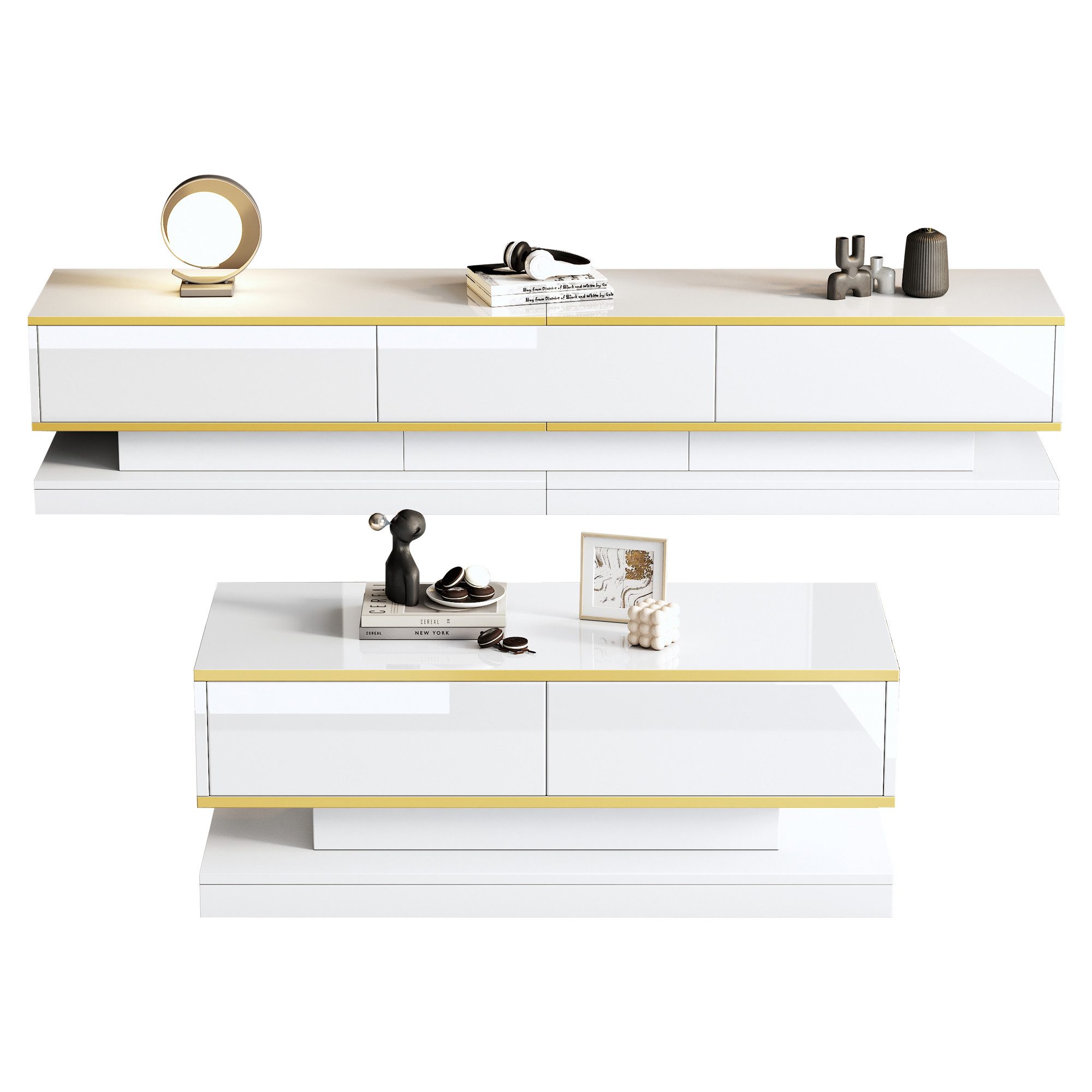 OKWISH Wohnzimmer-Set Hochglanz, (TV-Ständer + Couchtisch Set, 2-St., Spanplatte), Warmweiß, mit goldener Kante