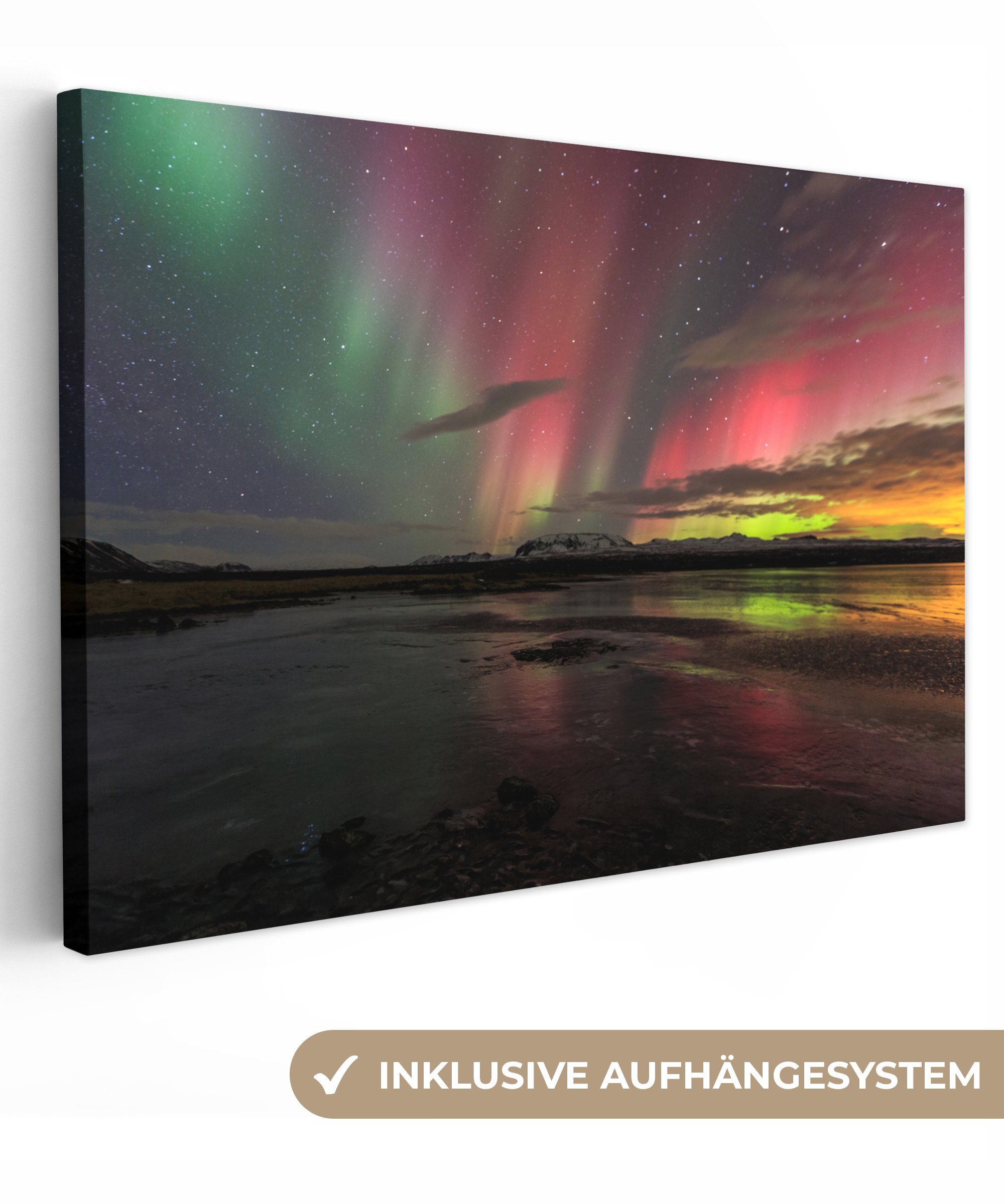 OneMillionCanvasses® Leinwandbild Nordlichter - Island - Farben, Fotodruck (1 St), Leinwand Bilder Klein, Wand Dekoration Aesthetic 30x20 cm