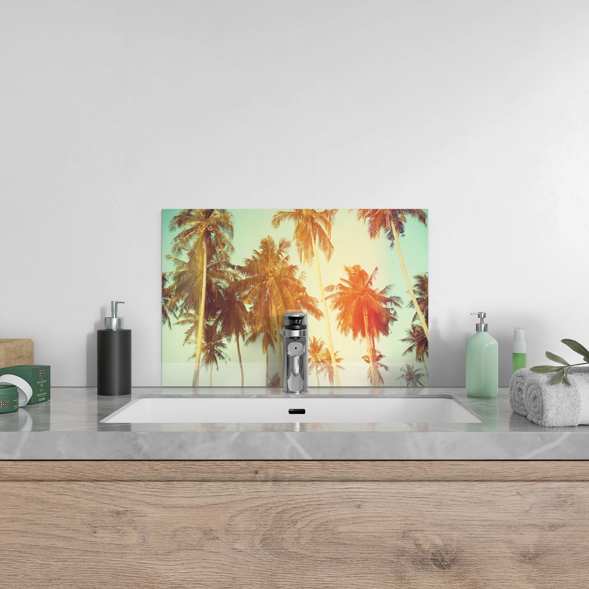 mit Glas DEQORI Farbfilter', 'Palmen Küchenrückwand Spritzschutz Herdblende Badrückwand