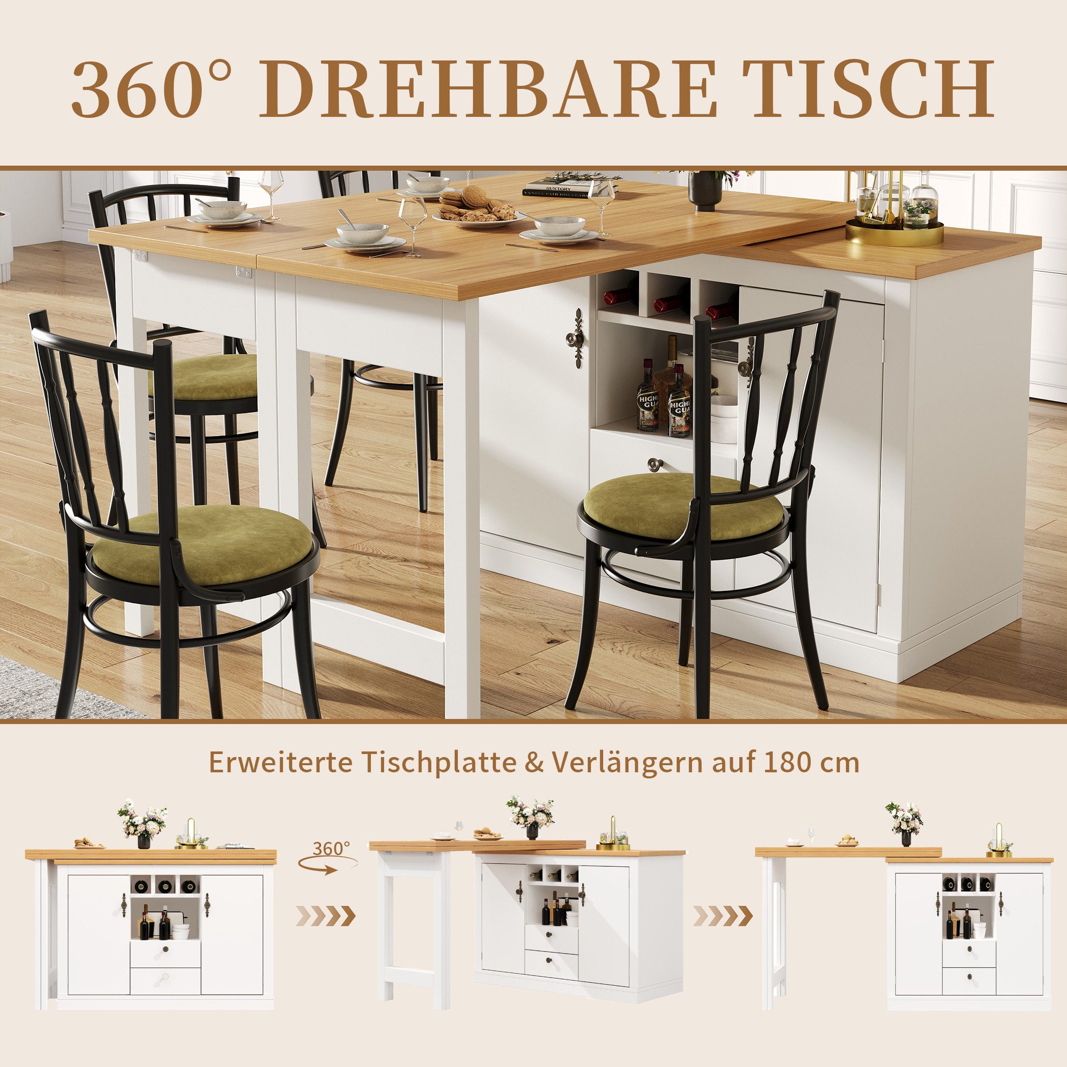 SeedWave Bartisch 360 Grad drehbarer Küchentisch mit Klappbarer Tischplatte, Stauraum, Erweitern auf 180 cm, Anrichte beinhaltet 3 Weinflaschfächer