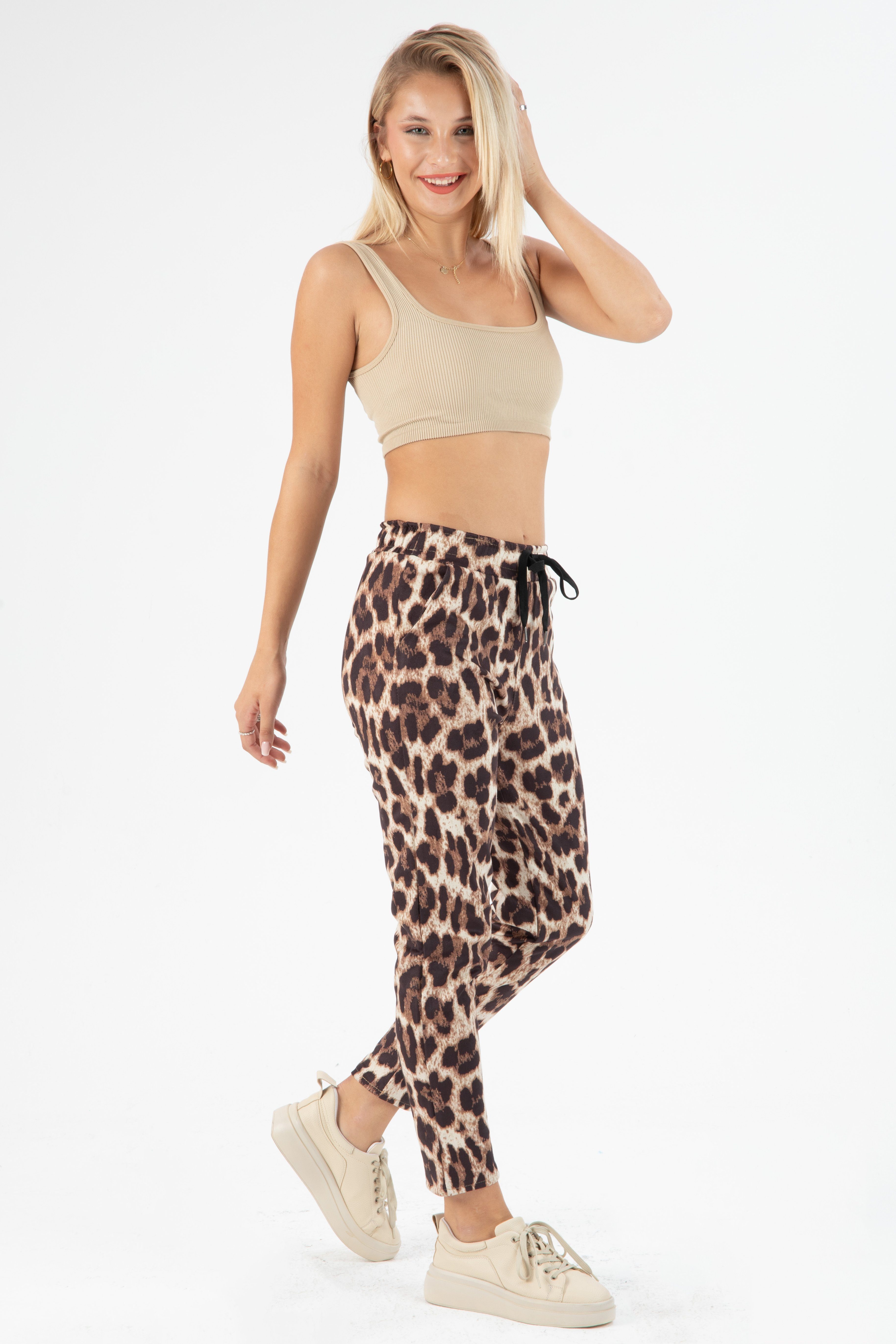 Kendindza Collection Jogger Pants Women's Leo Print Trousers Elegant Leopard Print Fabric Trousers Stretch Animal Print Elastic Waistband