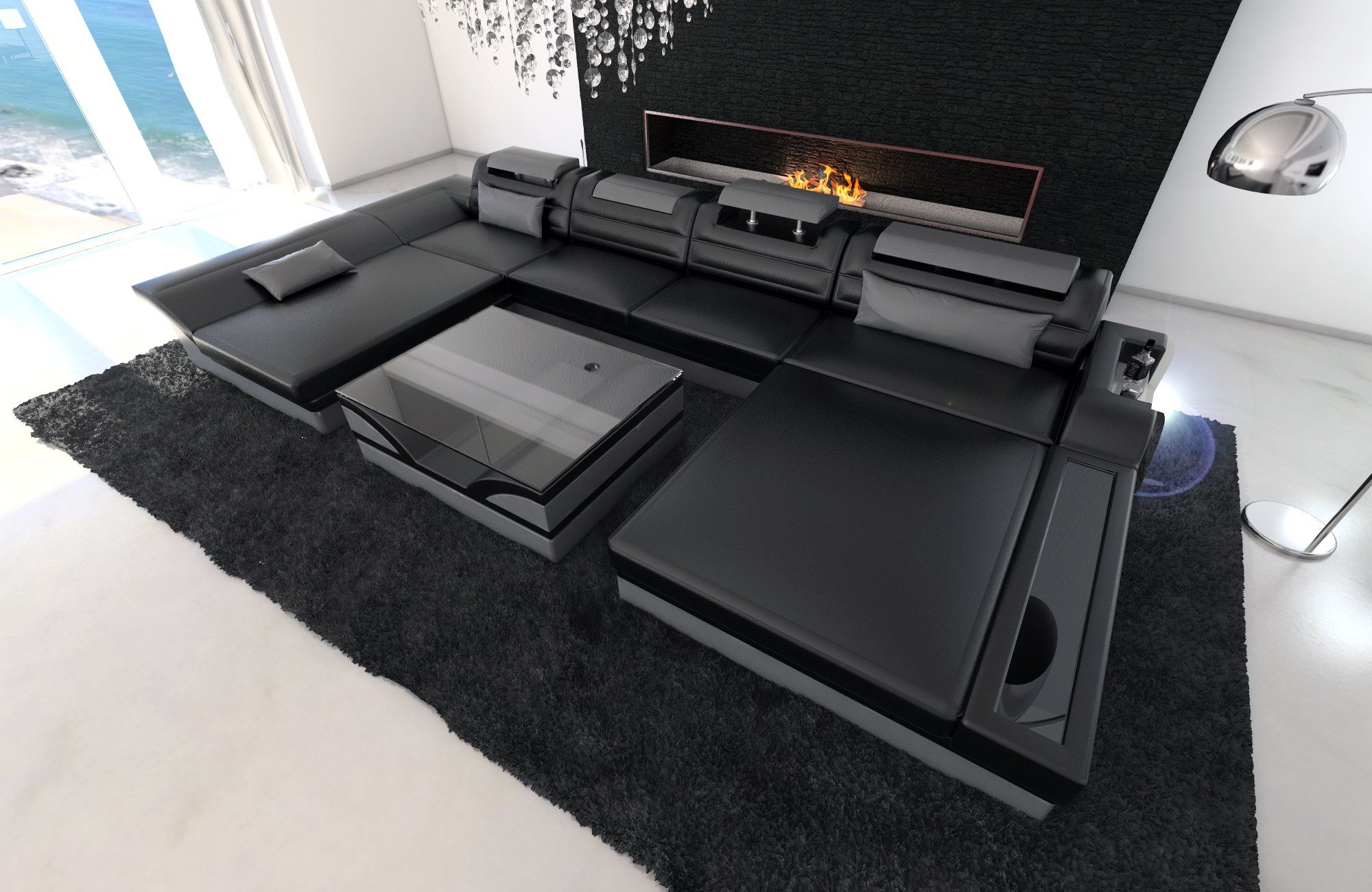 Sofa Dreams Wohnlandschaft Monza U Form Leder Sofa, Couch, mit USB-Anschluss, LED-Beleuchtung, Ausrichtung der Ottomane wählbar