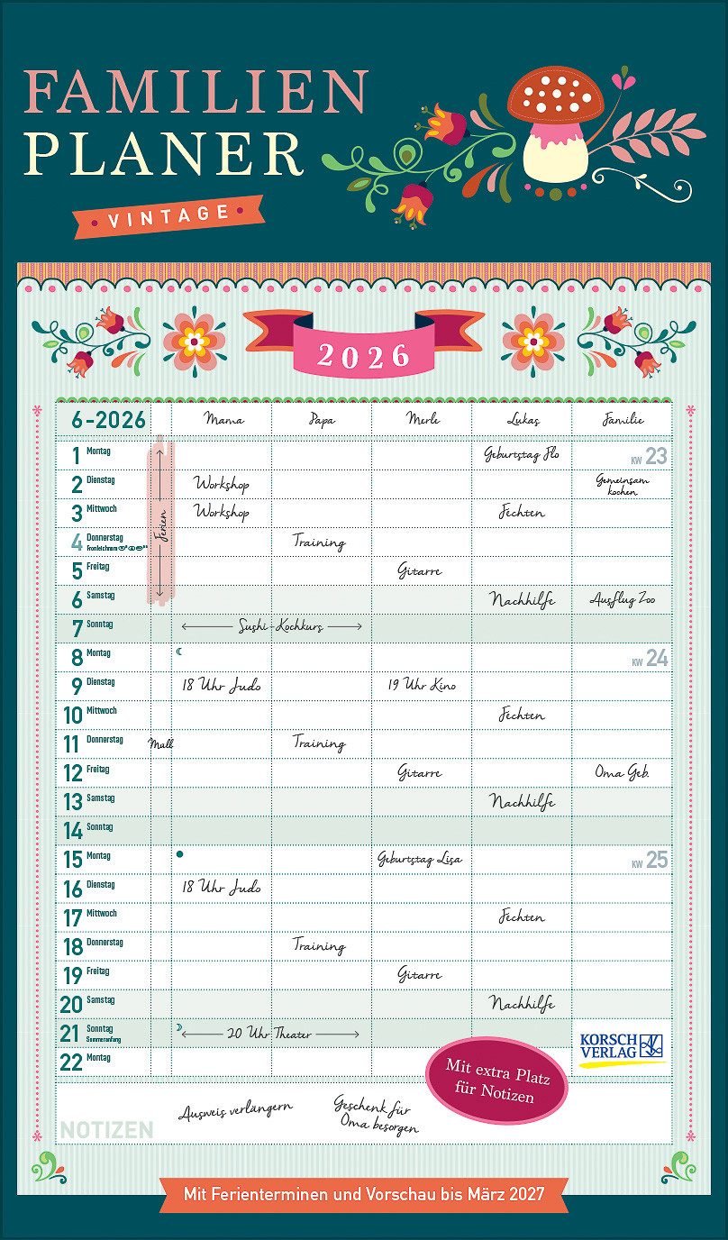 Korsch Verlag Familienkalender Korsch Kalender Familienplaner Vintage 2026