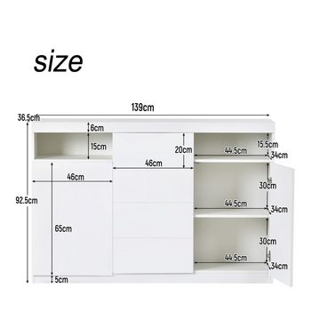 XDOVET Sideboard Moderne 16 LED-Kommode Sideboard mit Stauraum Wohnbereich,  Weiß 139*36*92cm Highboard Mehrzweckschrank Küchenschrank