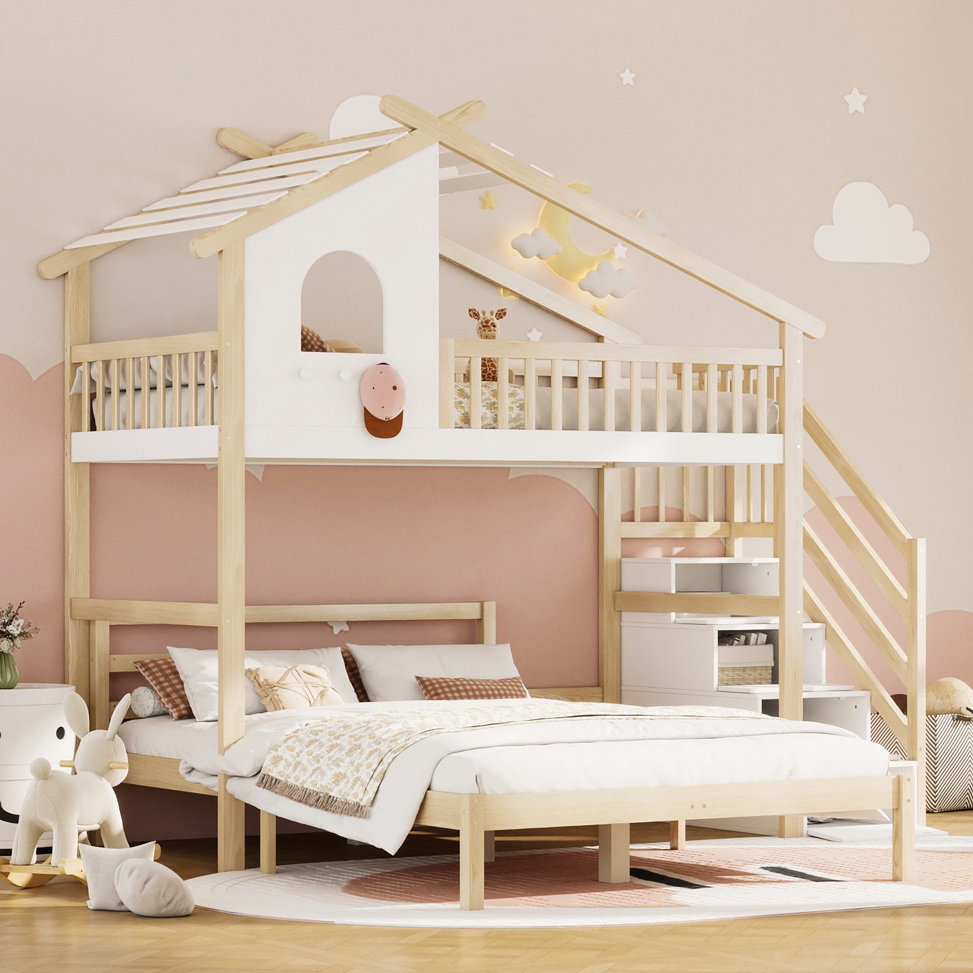 Flieks Etagenbett, Hochbett Kinderbett Hausbett mit Stauraumtreppe 90x200cm günstig online kaufen
