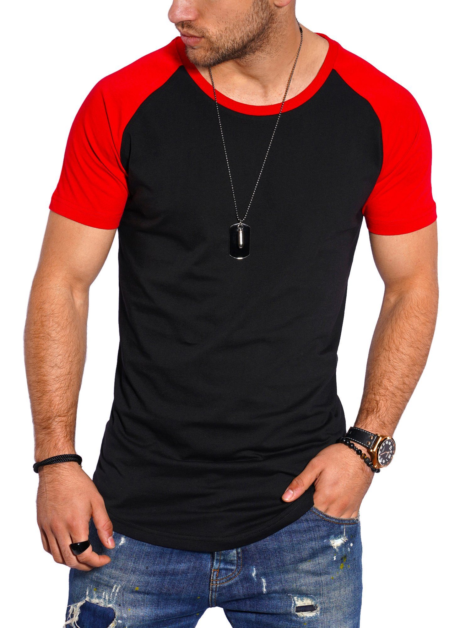 SDBOISE Raglan-Stil T-Shirt Basic Schwarz-Rot im Style-Division