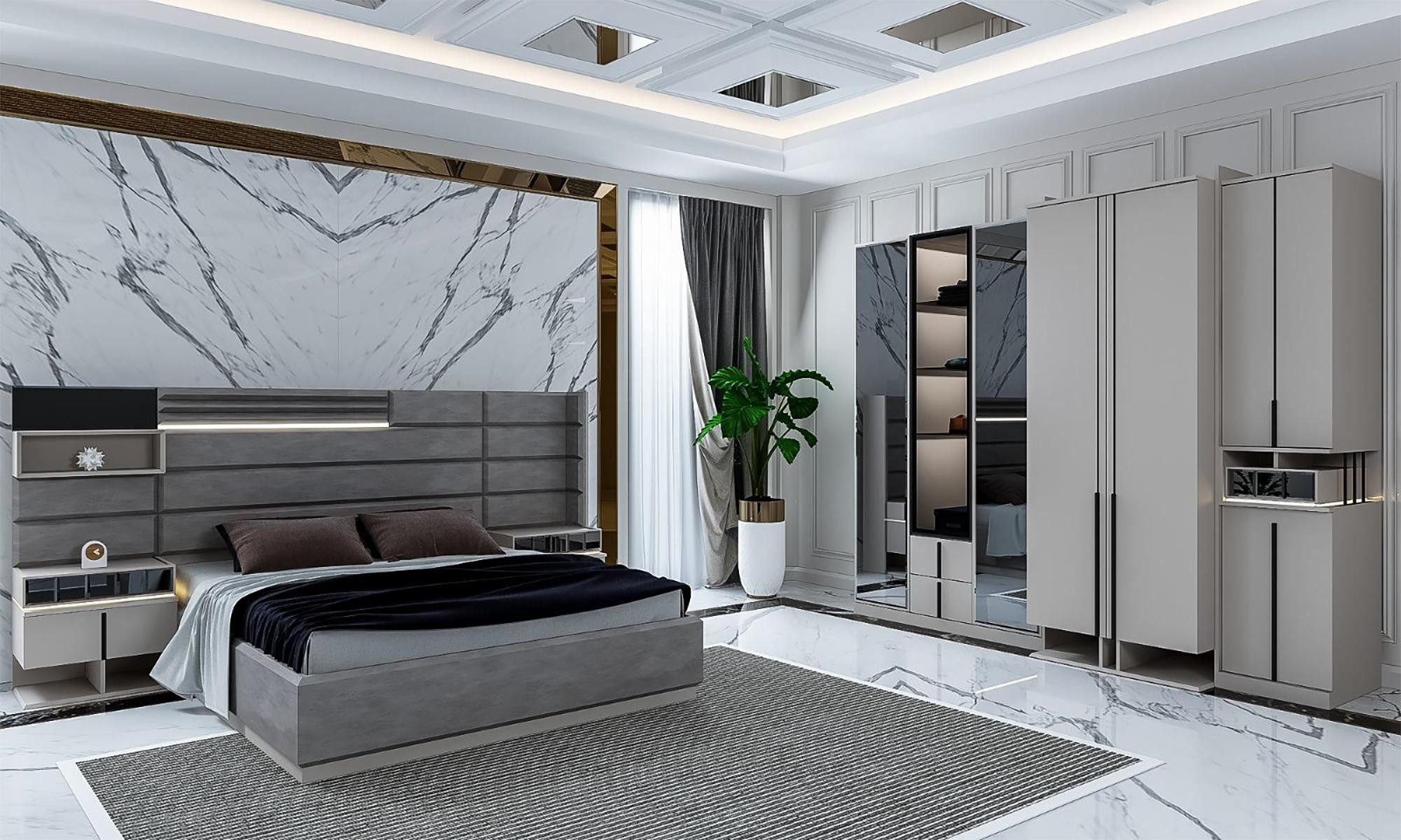 JVmoebel Schlafzimmer-Set Modernes Designer-Schlafzimmer in Grau mit LED und Glaselementen, (4-tlg)