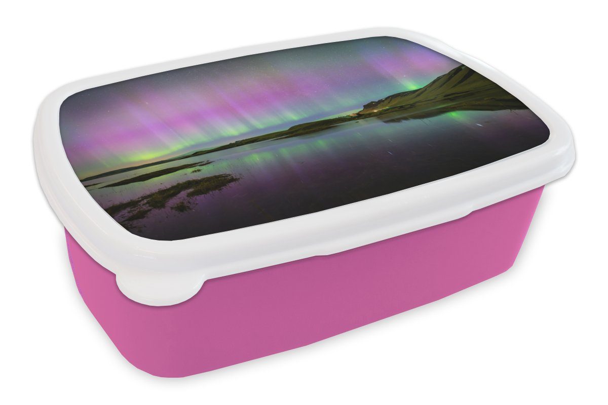 MuchoWow Lunchbox Nordlichter - Island - Violett, Kunststoff, (2-tlg), Brotbox für Erwachsene, Brotdose Kinder, Snackbox, Mädchen, Kunststoff rosa