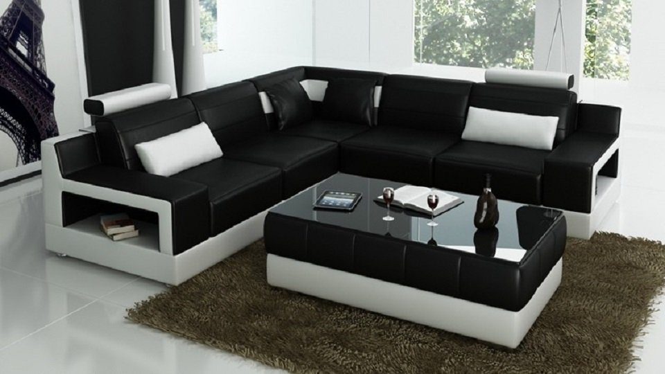 JVmoebel Ecksofa Designer Sofa Couch Ecksofa Hocker Polster Wohnlandschaft L-Form, Made in Europe Schwarz/Weiß