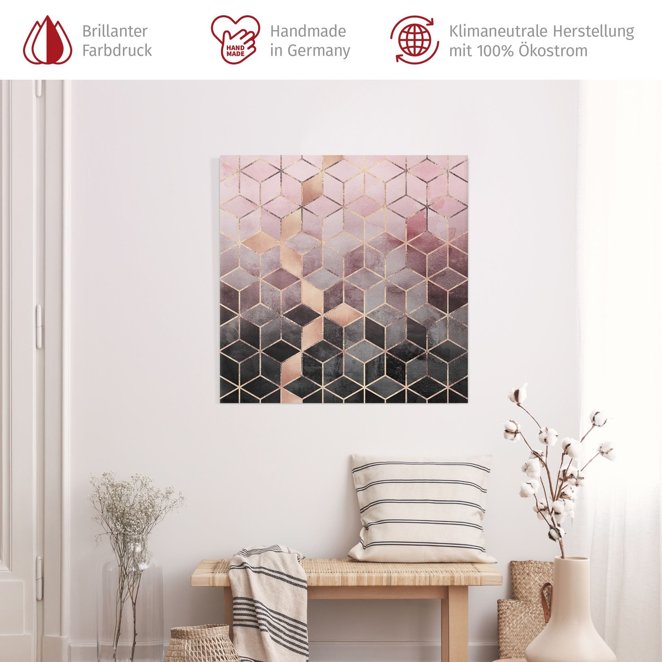 Bilderdepot24 Leinwandbild Kunstdruck Rosa Grau goldene Geometrie rosa Bild auf Leinwand XXL, Wohnzimmer Schlafzimmer Küche Flur Wandbild Kunstkopie Wanddeko Druck