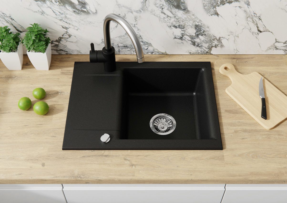 manestein Granitspüle Rino Granit Küchenspüle mit Schwarz Armatur und Siphon 59x44cm, Rechteck, 59/16 cm, (inklusive ablaufgarnitur und Armatur), mit verkürzte Abtropffläche