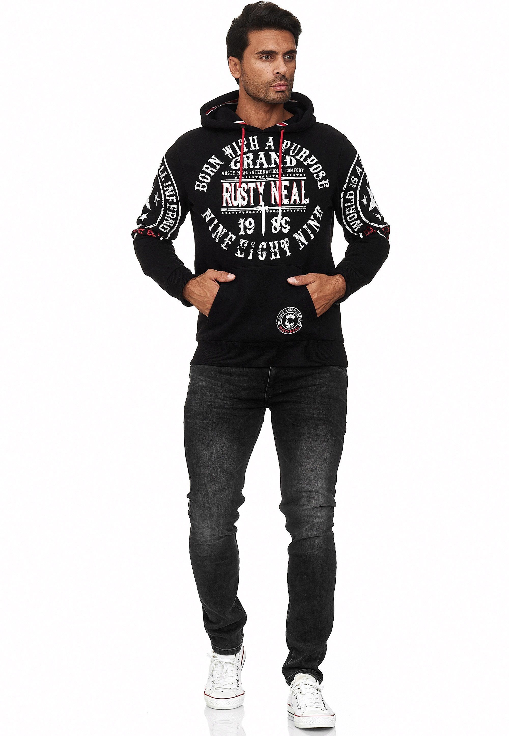 Rusty Neal Kapuzensweatshirt mit coolen Markenprints schwarz-weiß