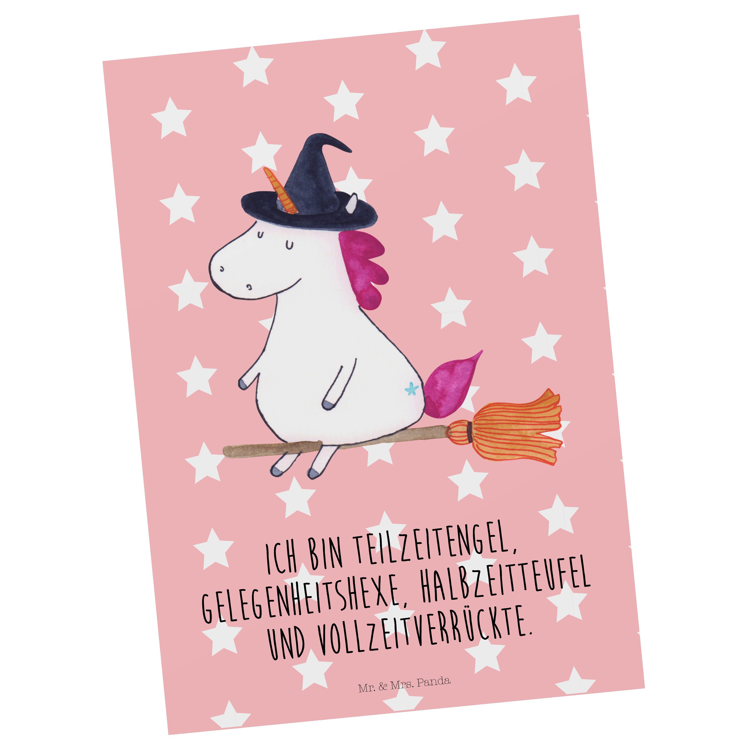 Mr. & Mrs. Panda Postkarte Einhorn Hexe - Rot Pastell - Geschenk, Pegasus, Geschenkkarte, Einhör