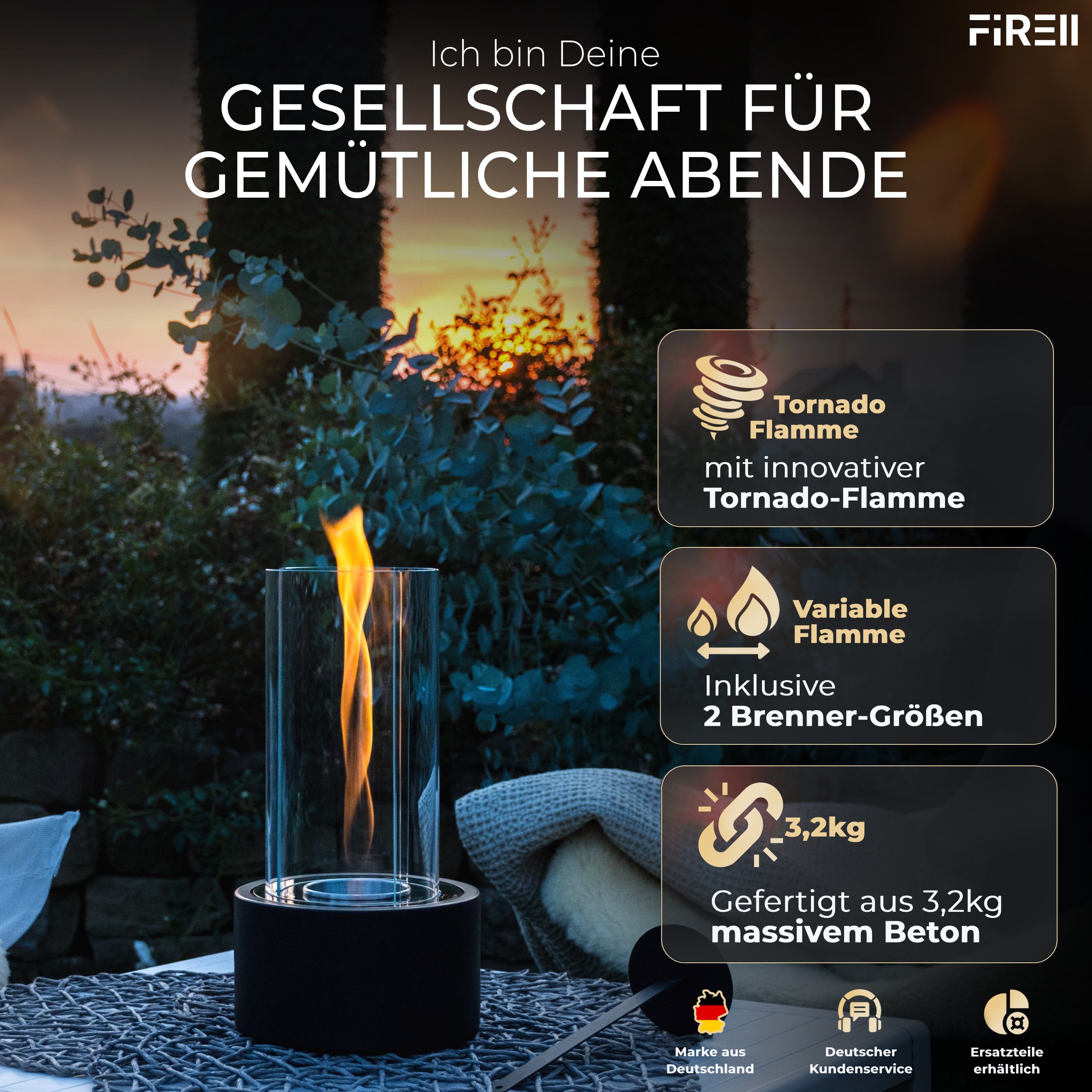 FIRELL Tischfeuer Ethanol Tischkamin Indoor & Outdoor Echtfeuer-Dekokamin (aus massivem Beton, Komplett-Set), Verstellbare Flamme, 2h Brenndauer, Patentierte Wirbelflamme, TÜV geprüft