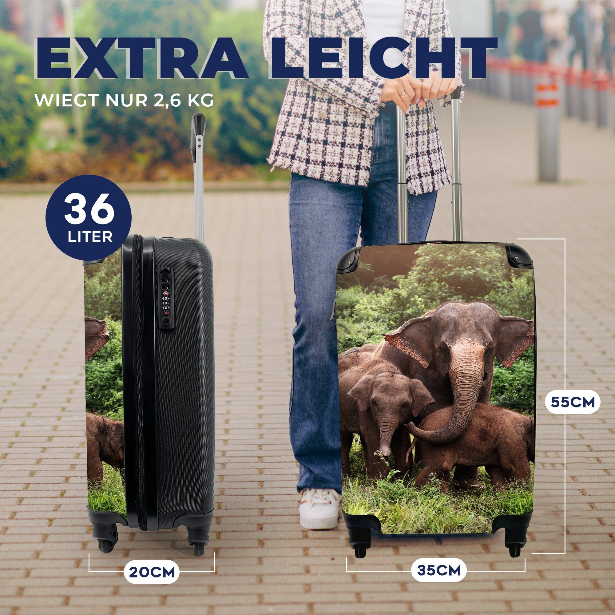 Reisekoffer - Gras 4 - rollen, Reisetasche MuchoWow - mit Handgepäckkoffer Ferien, Trolley, Grün, Elefant Wald Rollen, für Tiere - Handgepäck