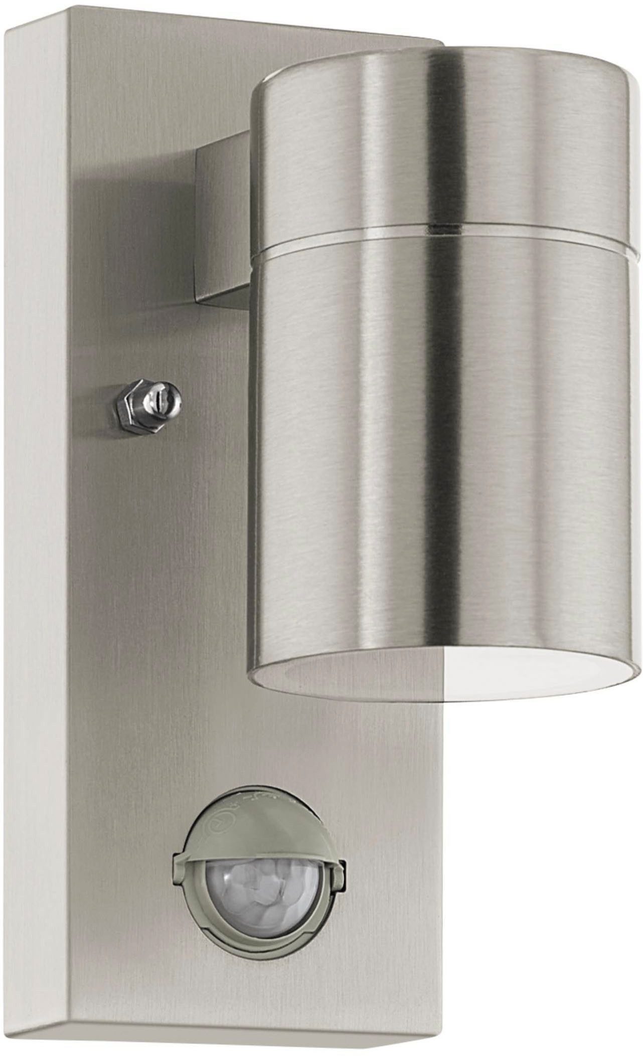 EGLO Wandleuchte Riga 5 Außen-Wandlampe, Außenleuchte, Deckenleuchte, GU10, IP44, Lampe, Bewegungsmelder, LED fest integriert, Wand-/Deckenleuchte - L6,5 x H16,5 x AL11cm - edelstahl - 1X2,8W inkl.