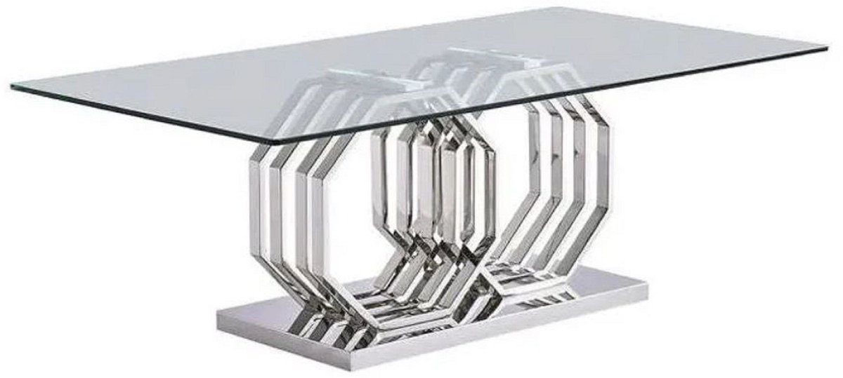 Casa Padrino Esstisch Luxus Esstisch Silber 220 x 120 x H. 75 cm - Rechteckiger Metall Esszimmertisch mit Glasplatte - Esszimmer Möbel - Luxus Möbel