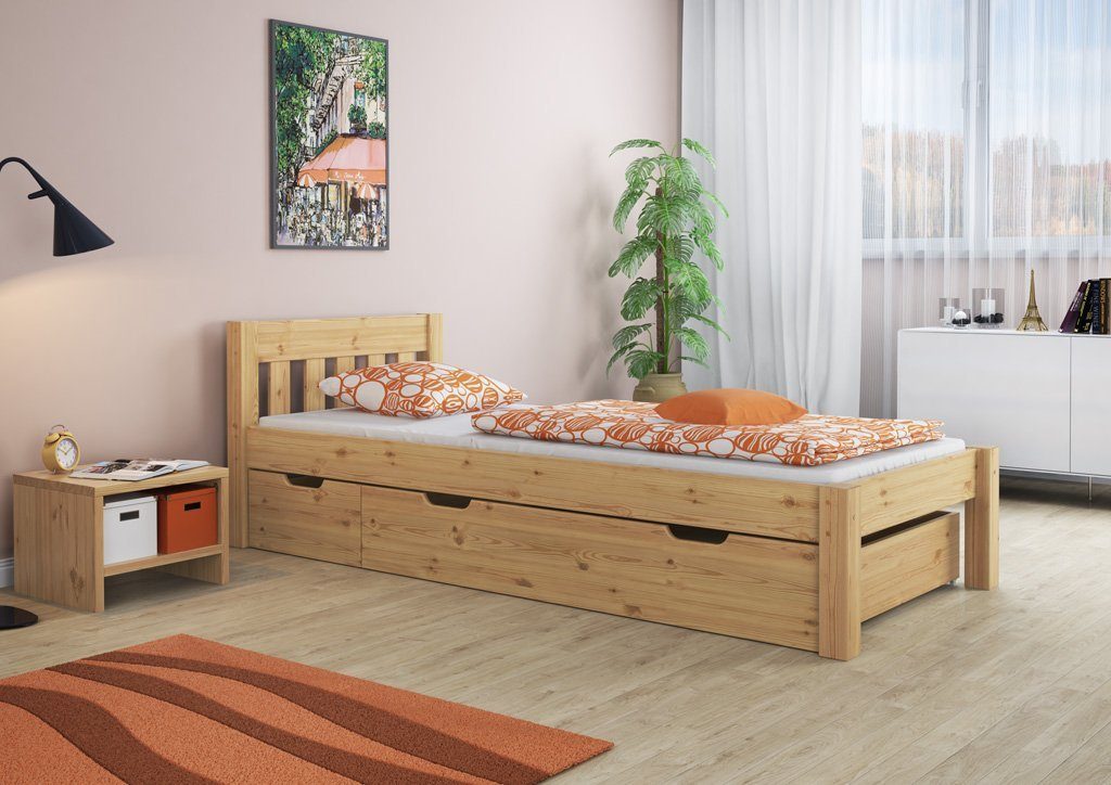 und Massivholz mit Einzelbett Bett ERST-HOLZ lackiert 100x200 Kieferfarblos Kiefer Rost Matratze,