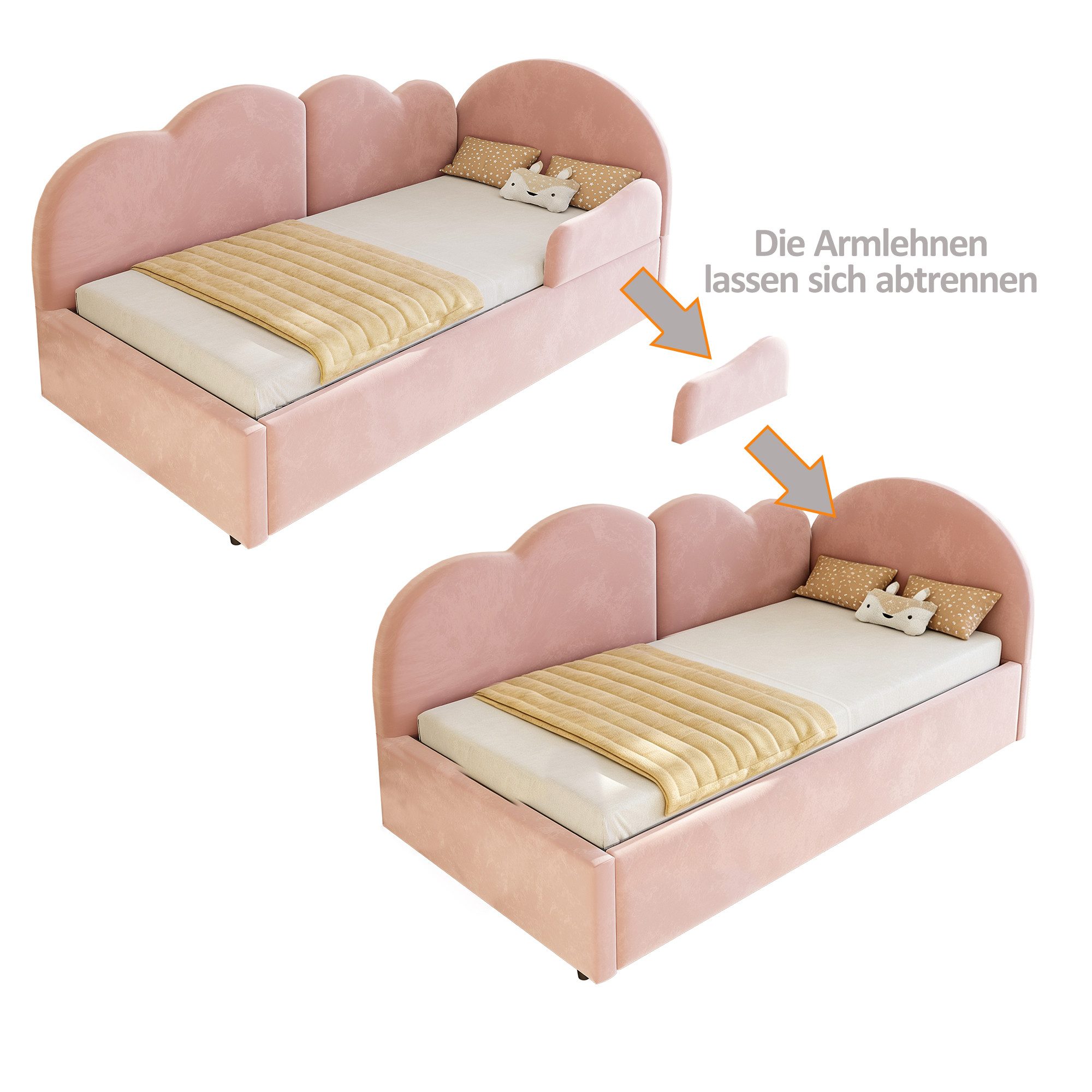 Merax Daybett 90x200cm mit Ausziehbett, Samt Schlafsofa Tagesbett (1 tlg), Jugendbett Polsterbett mit ausziehbarem Unterbett & Wolken-Kopfteil – Bild 5 von 5