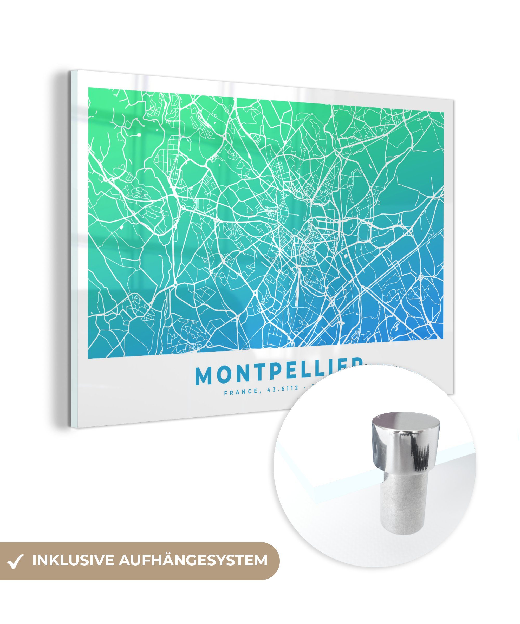 MuchoWow Acrylglasbild Montpellier - Stadtplan - Frankreich, (1 St), Acrylglasbilder Wohnzimmer & Schlafzimmer