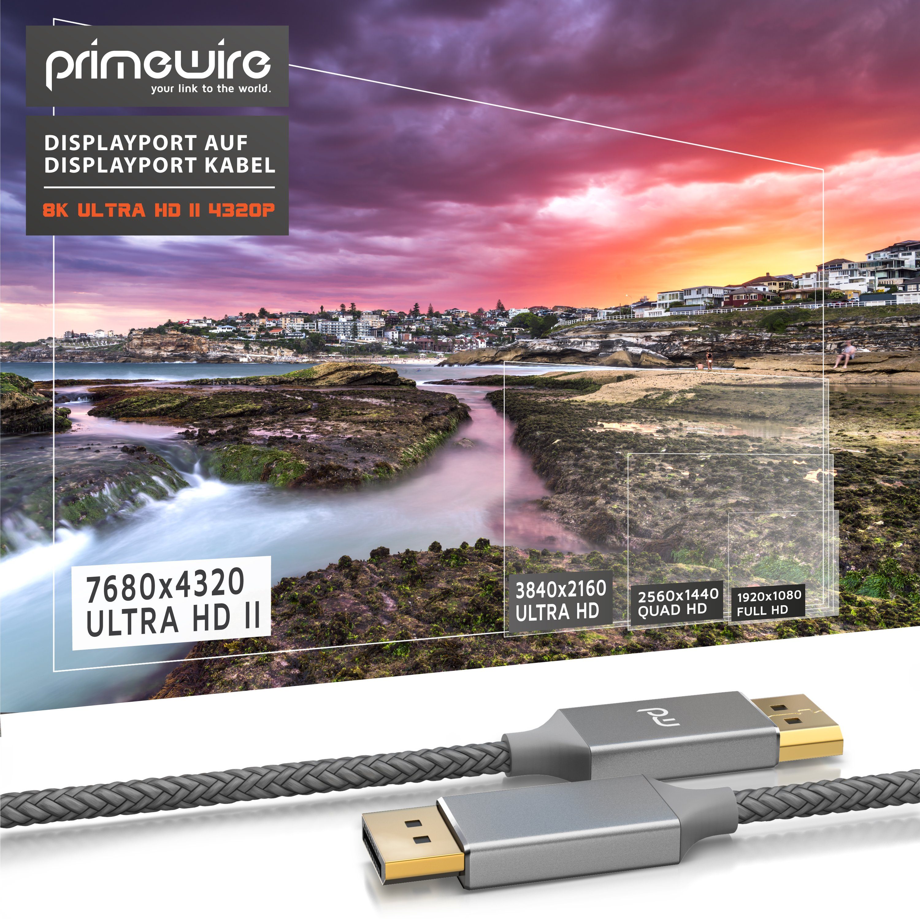 Primewire DP Kabel mit Nylonummantelung 8K 7680 x 4320 @ 60 Hz mit DSC - 1m Audio- & Video-Kabel, DisplayPort, 1.4 (100 cm), für Gaming-Monitor und PC, flüssige – Bild 4 von 5