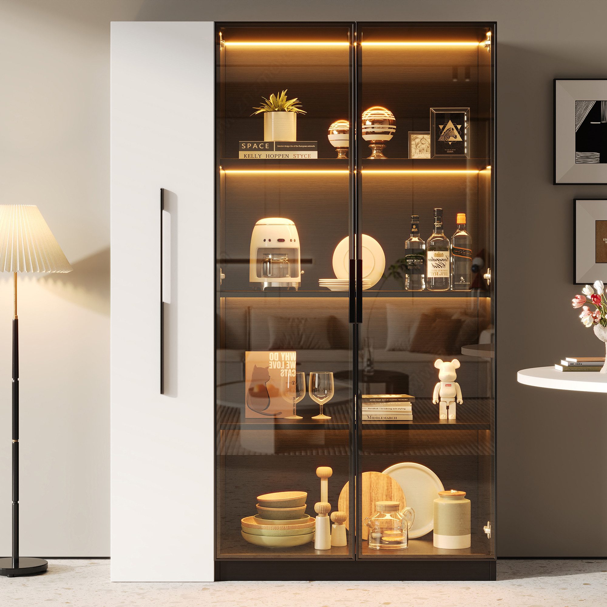 Merax Glasvitrine (2-in-1-Design Multifunktionsschrank Vitrinenschrank, 1-St., 110.5x35x160cm) LED-Vitrine mit Glastür & seitlichem Rollregal,Hochschrank Bücherregal